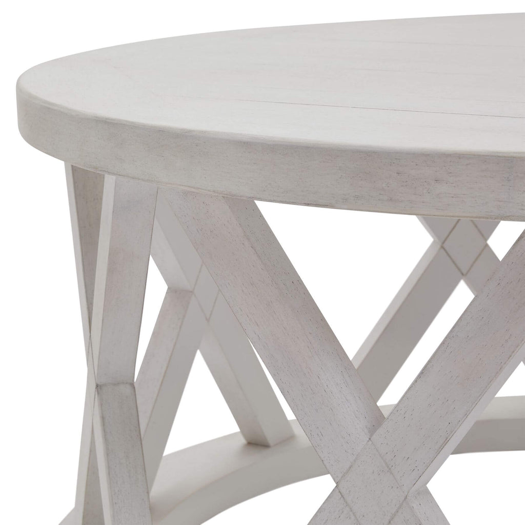Round distressed white pine coffee table with lattice design, rustic-modern centerpiece for living room by RoomLondon at brixbailey.com