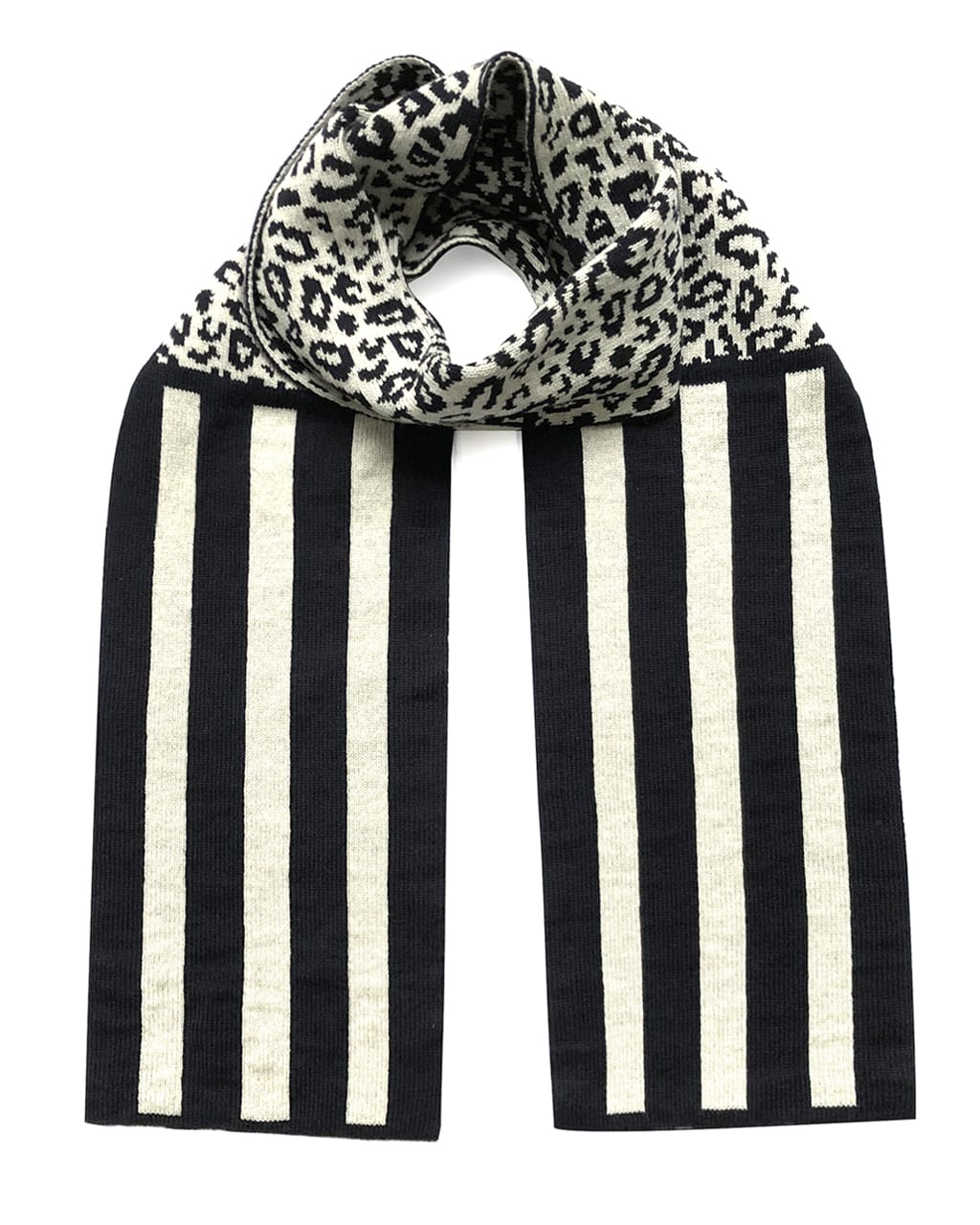 Leopard and Stripes Wool Cashmere Scarf in Black and White