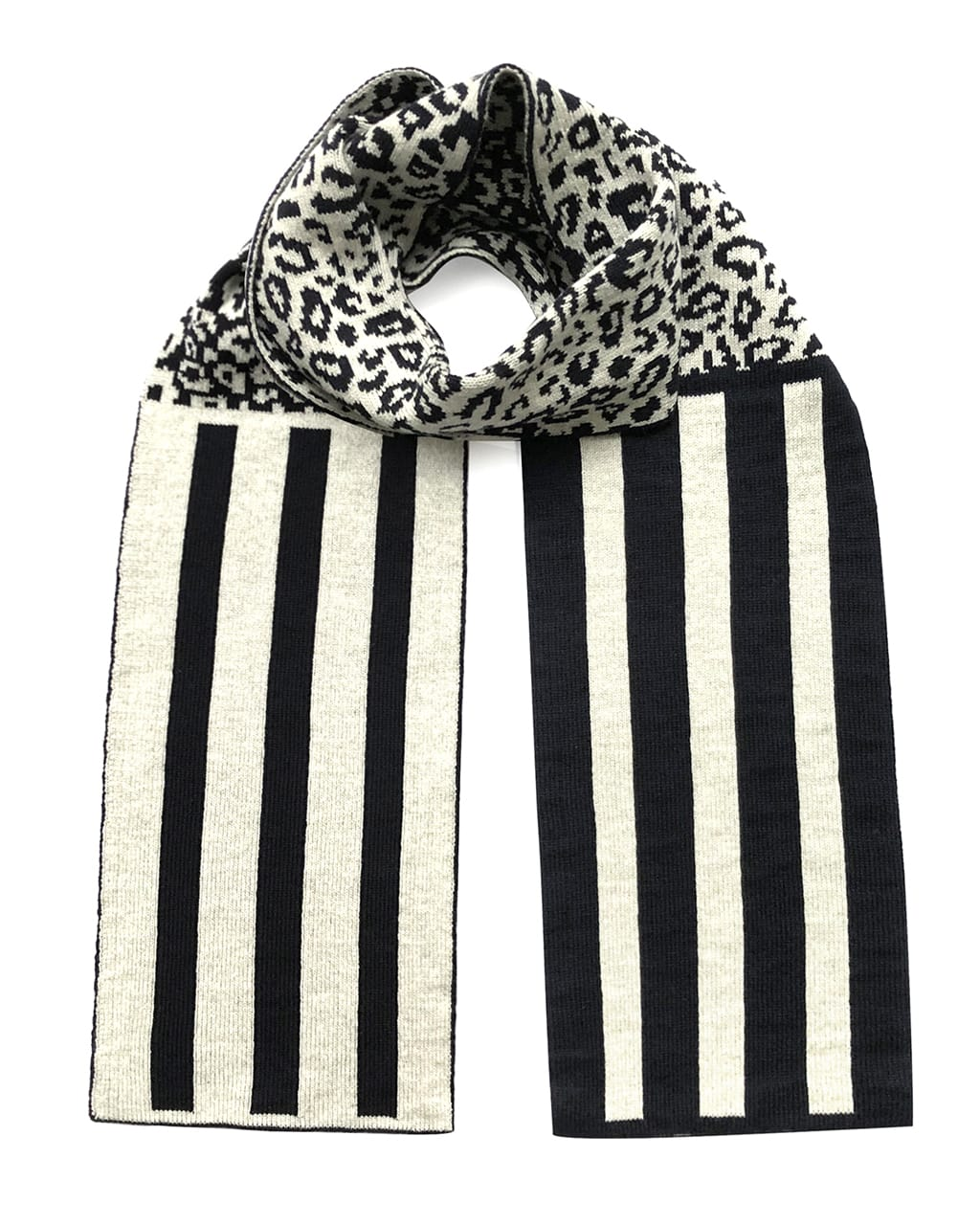 Leopard and Stripes Wool Cashmere Scarf in Black and White