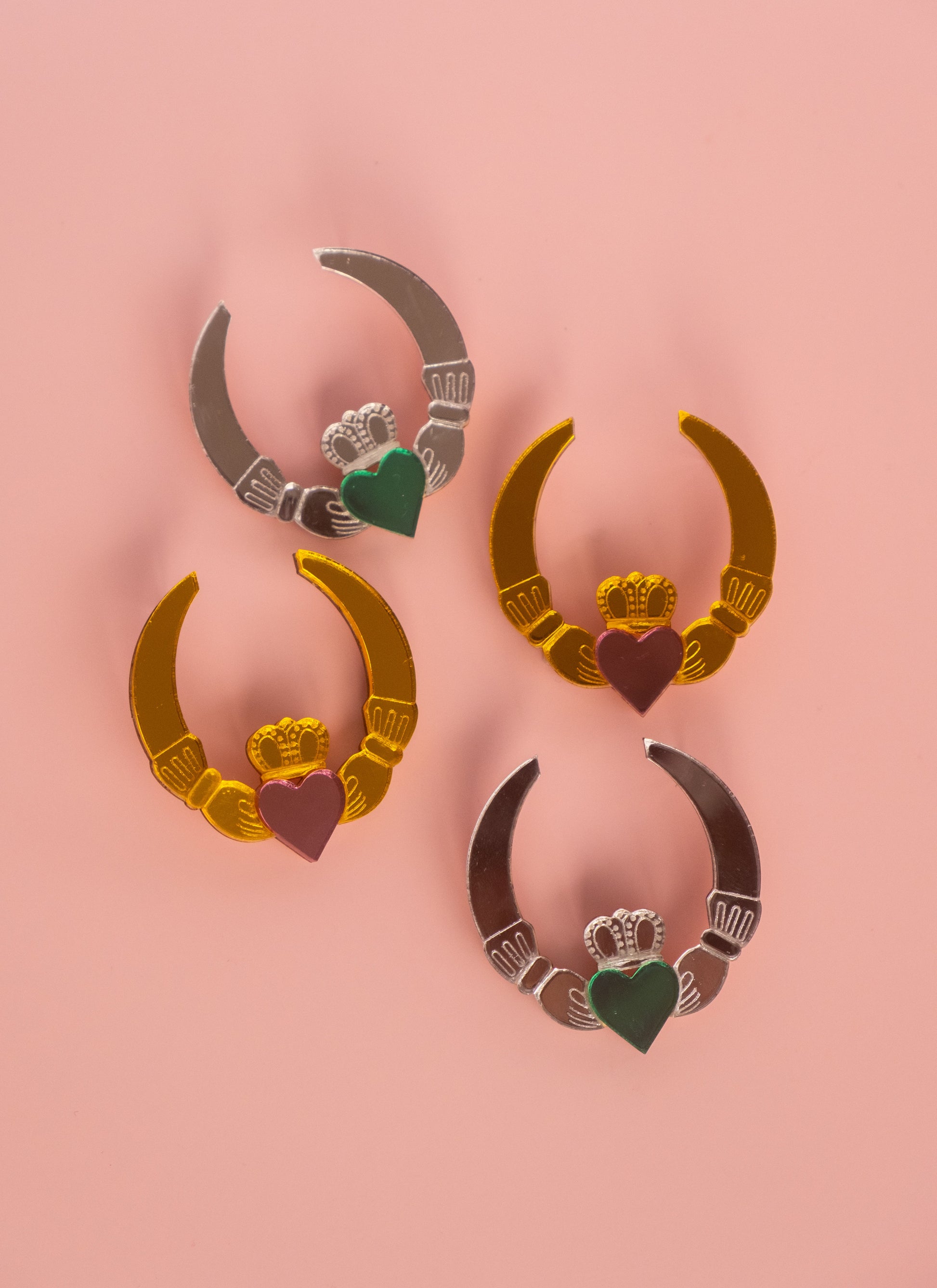 Claddagh Ring Earrings in Silver and Emerald or Gold and Pink