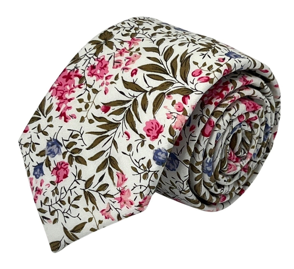 Ivory Pink Cotton Tie and Pocket Square with English Wildflower Garden Design