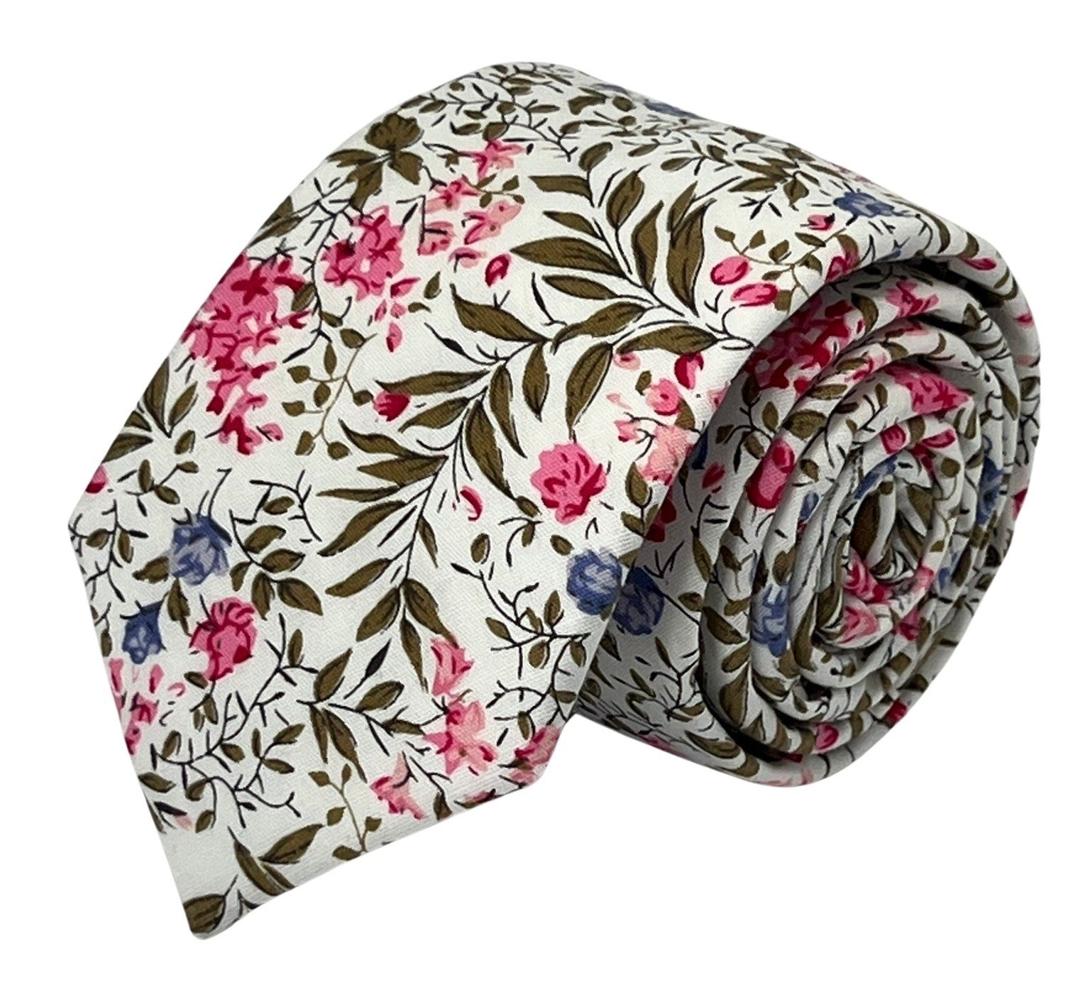 Ivory Pink Cotton Tie and Pocket Square with English Wildflower Garden Design