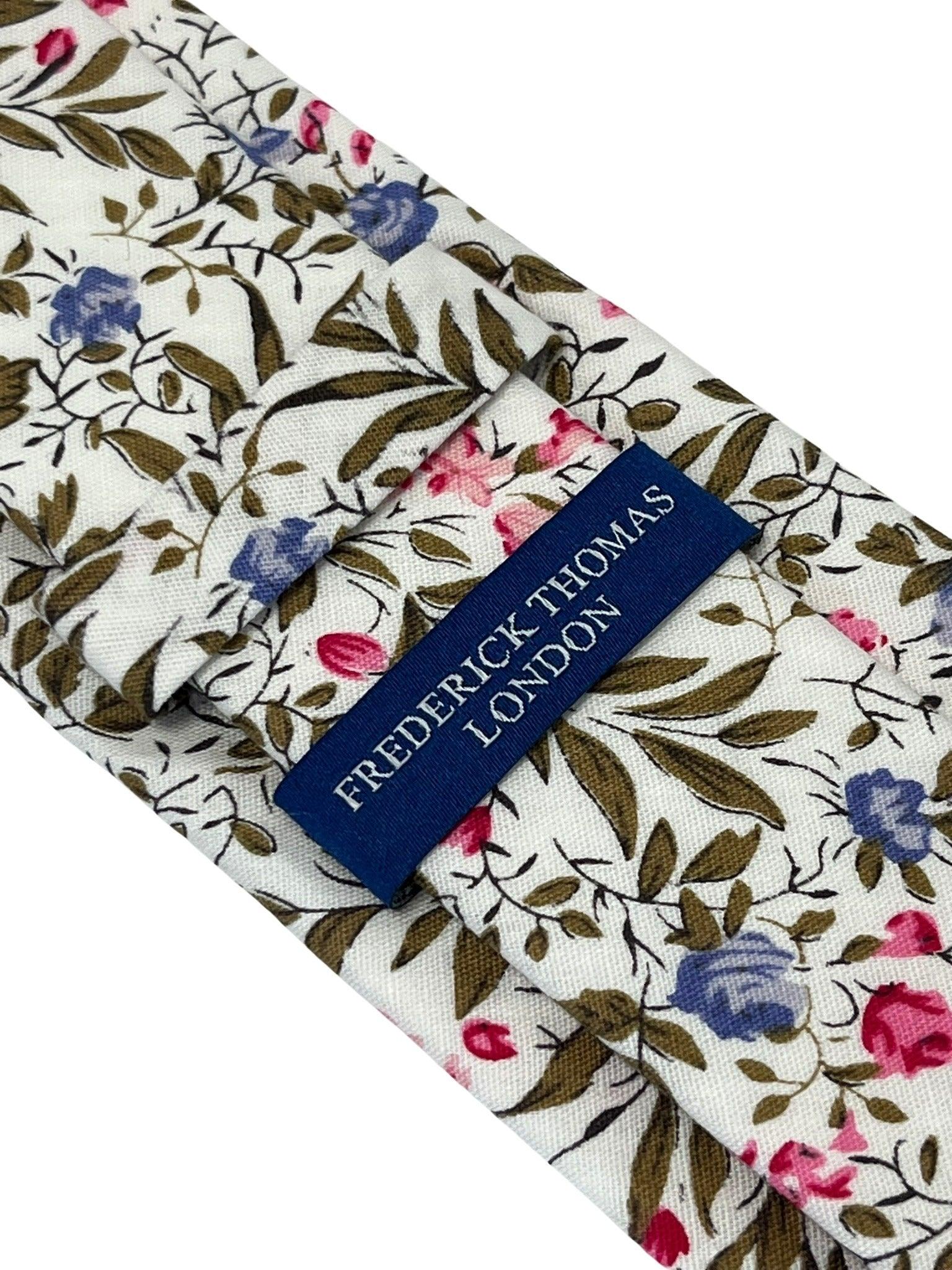 Ivory Pink Cotton Tie and Pocket Square with English Wildflower Garden Design