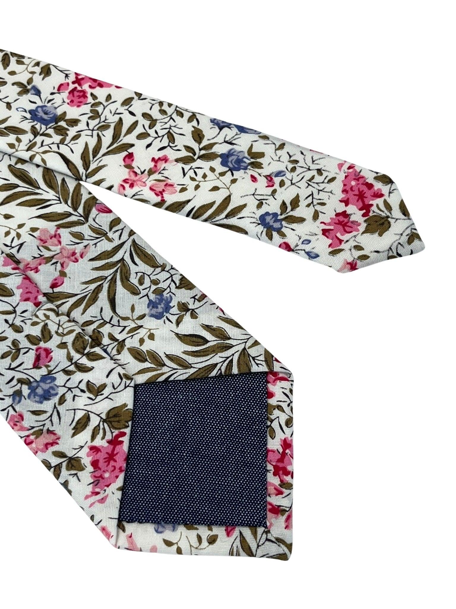 Ivory Pink Cotton Tie and Pocket Square with English Wildflower Garden Design