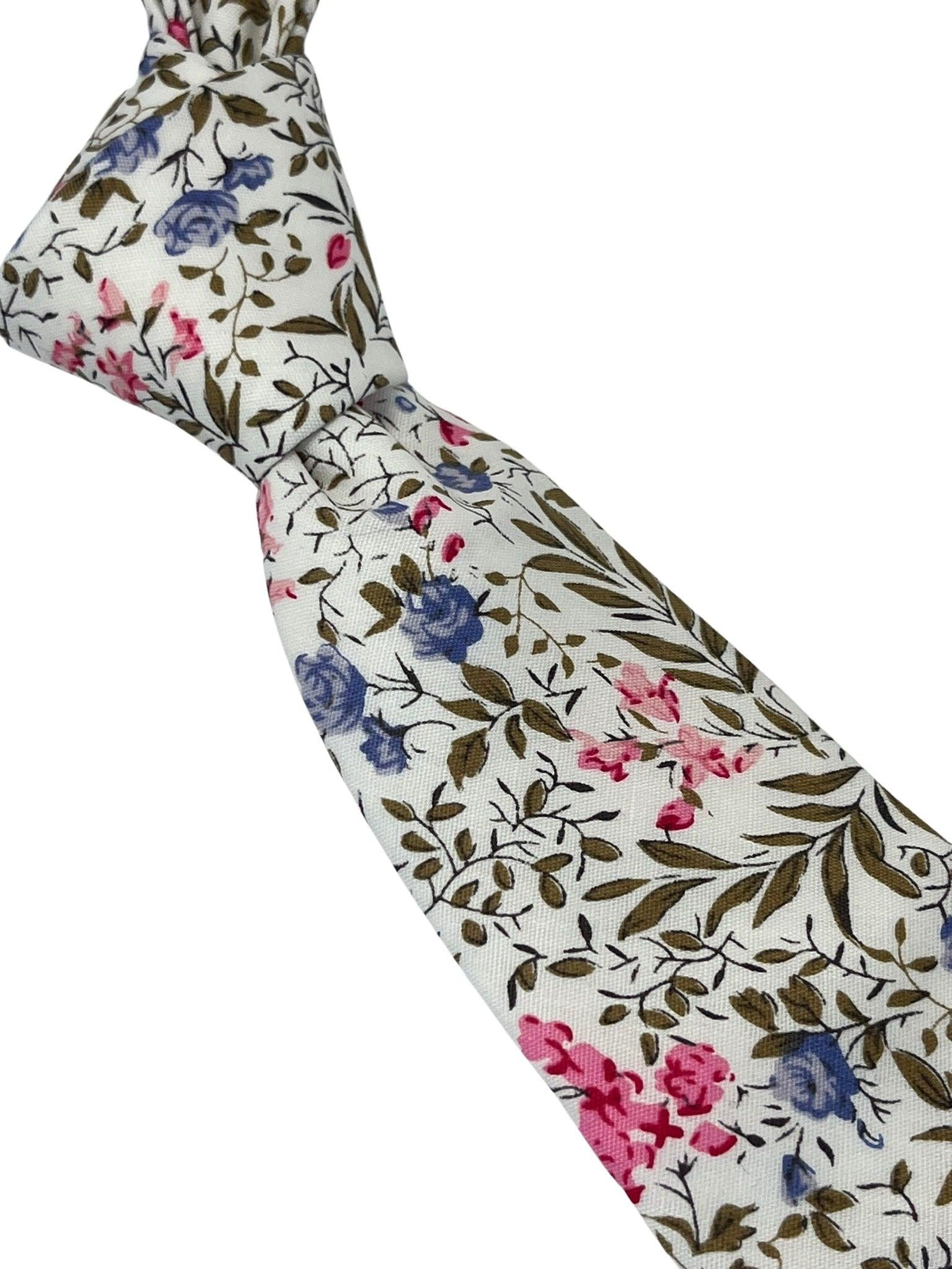 Ivory Pink Cotton Tie and Pocket Square with English Wildflower Garden Design