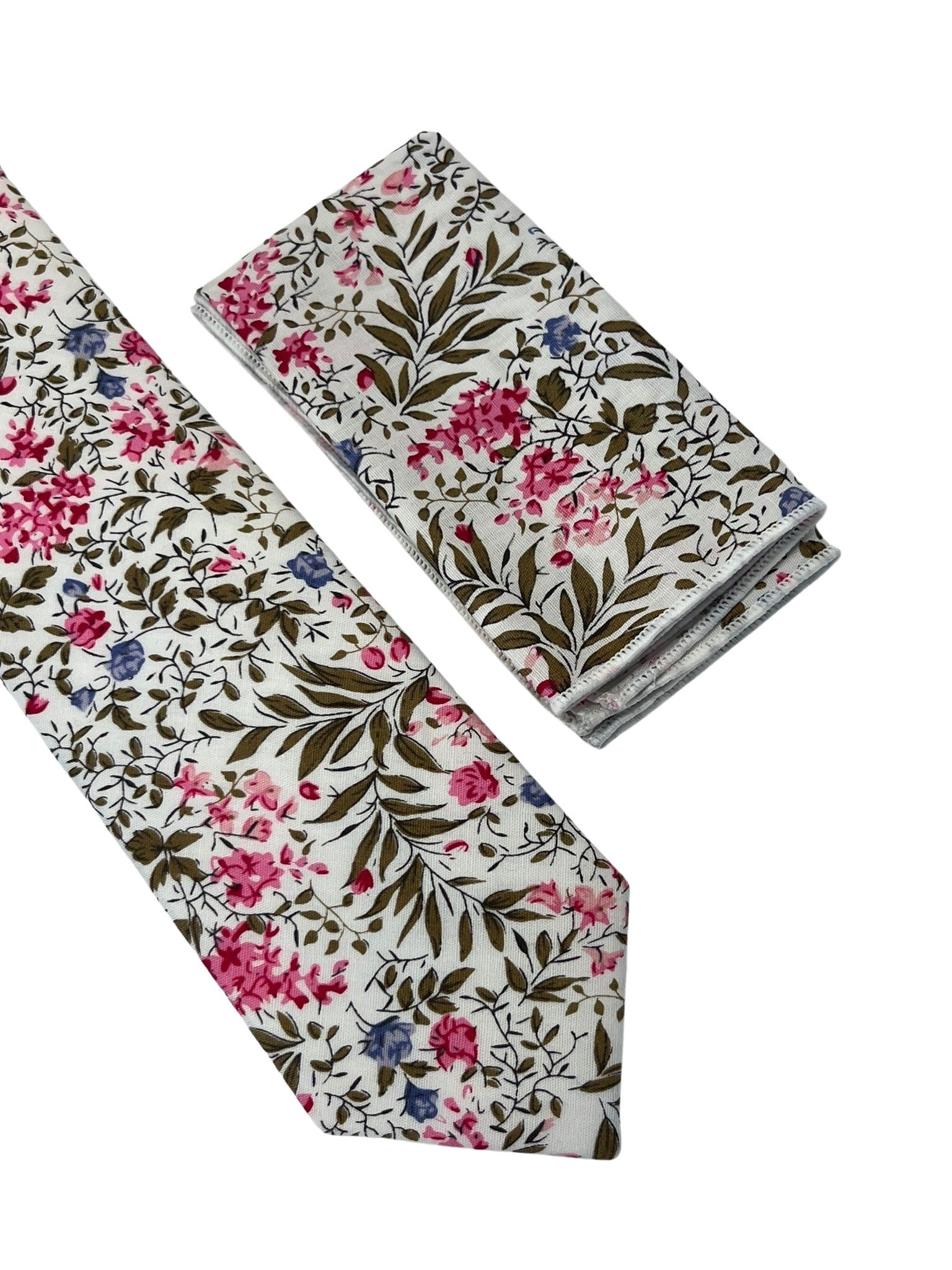 Ivory Pink Cotton Tie and Pocket Square with English Wildflower Garden Design