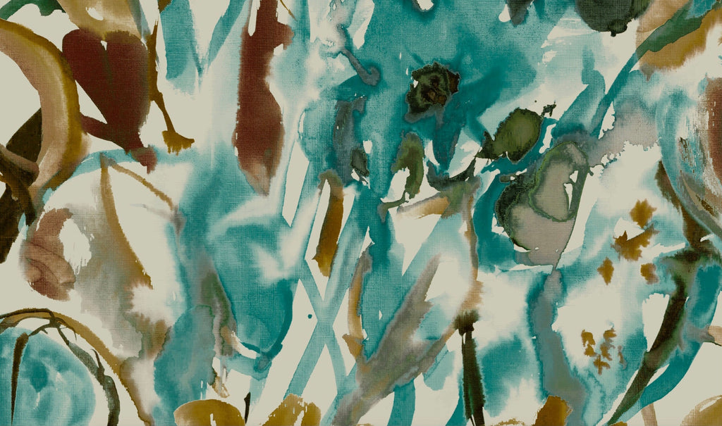 Watercolour Floral Wallpaper in Teal and Ochre