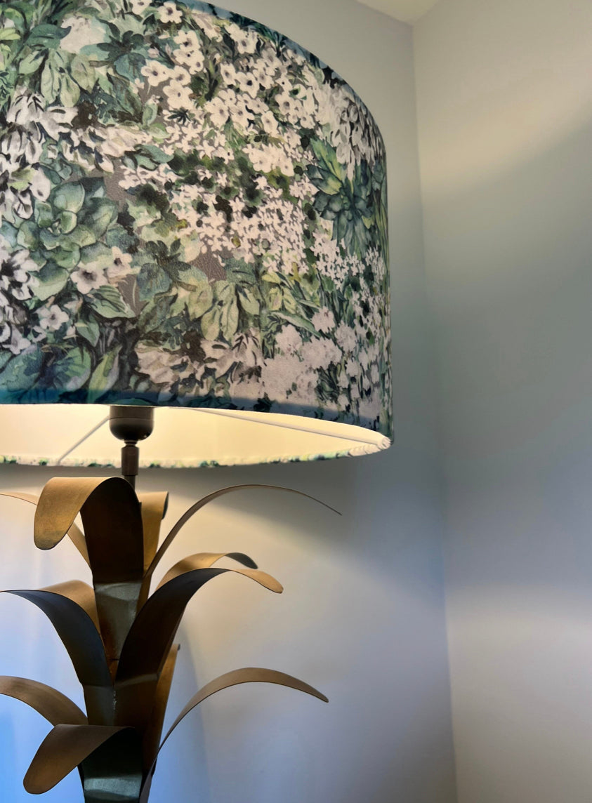 White flowers velvet drum lampshade/ ceiling shade with a white lining