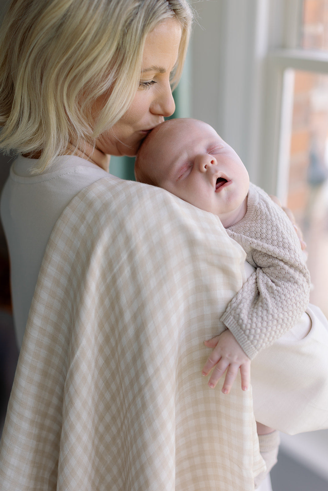 Gingham Beige Large Swaddle Muslin