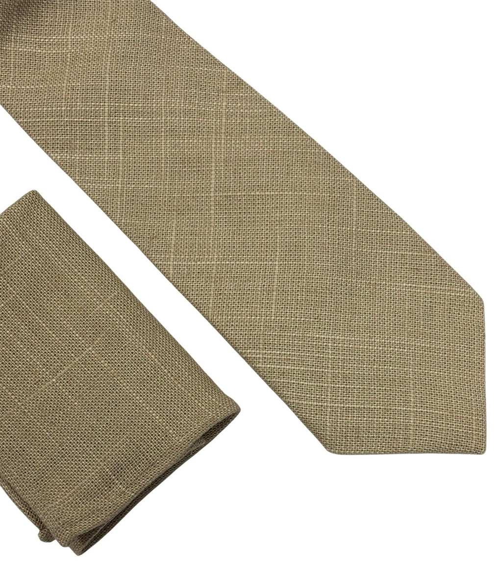 Beige Cream Linen Tie and Pocket Square Set