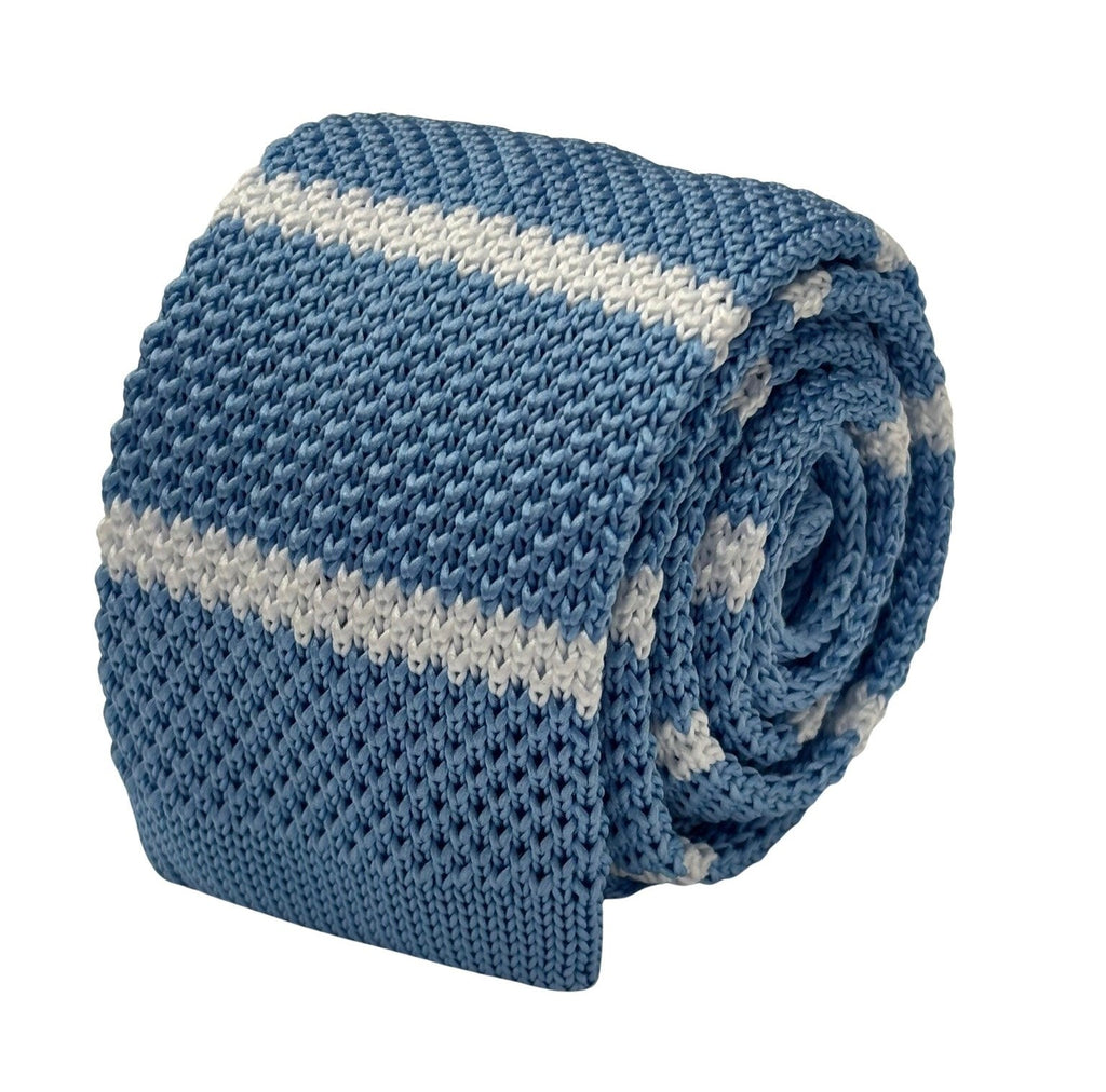 Light Sky Blue Knitted Tie with White Stripes