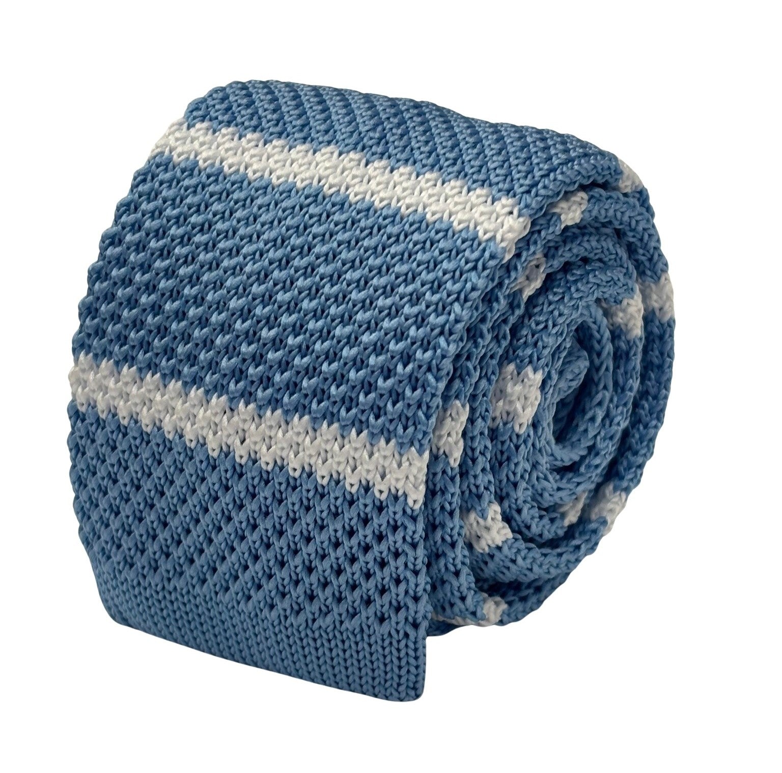 Light Sky Blue Knitted Tie with White Stripes