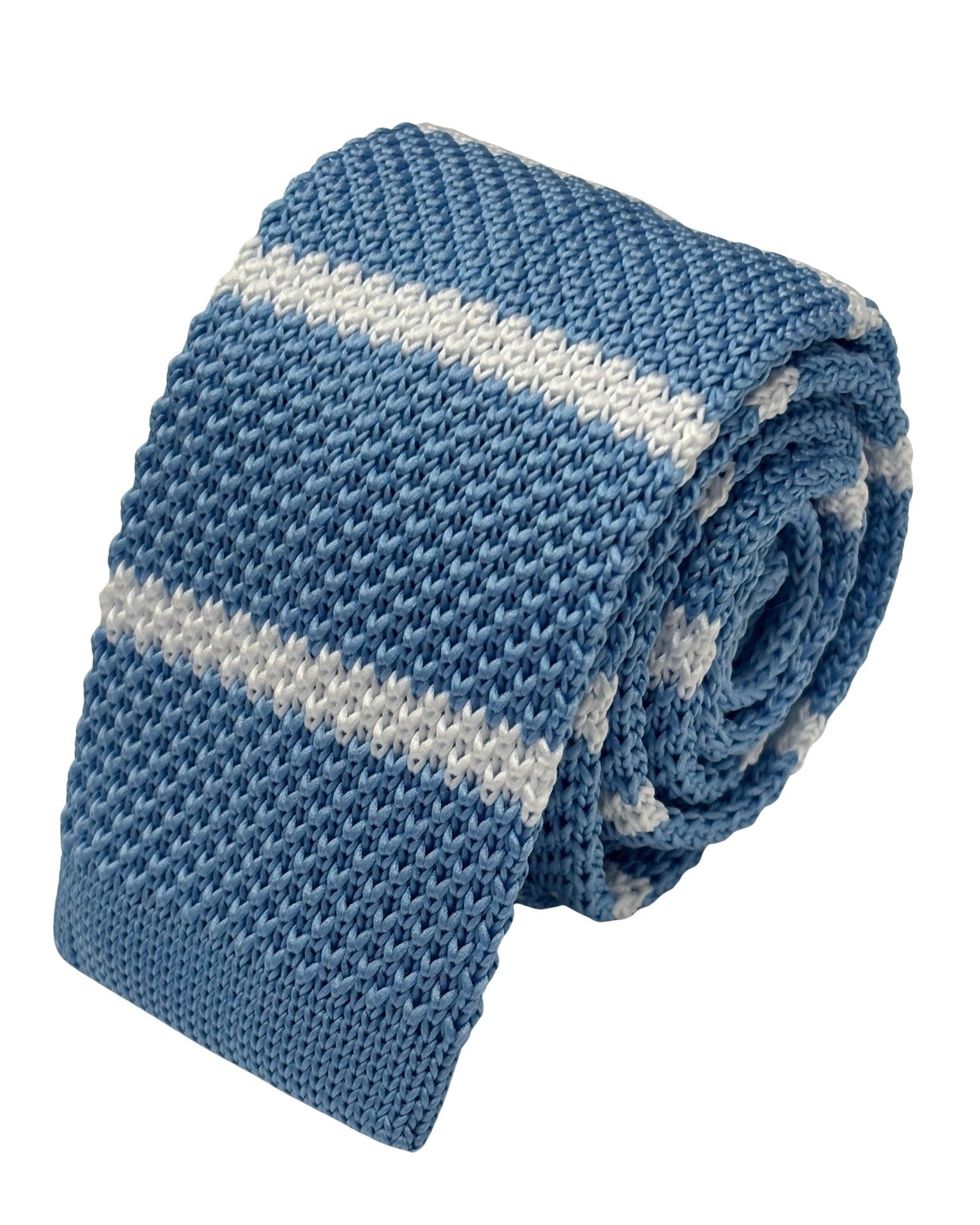 Light Sky Blue Knitted Tie with White Stripes