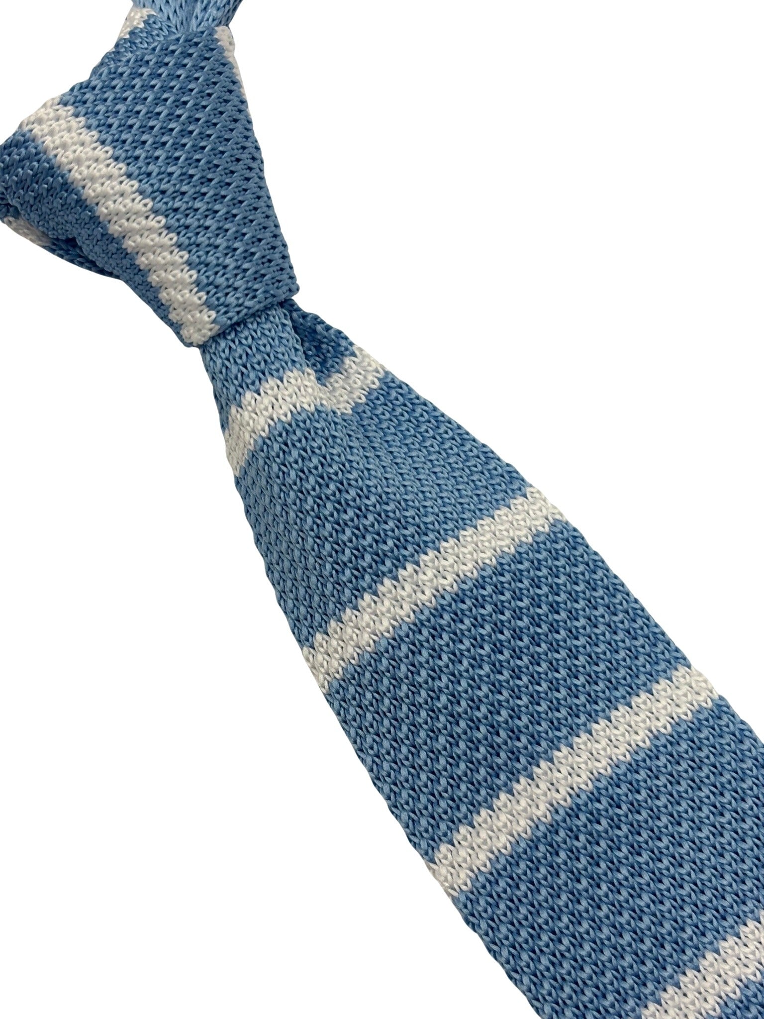 Light Sky Blue Knitted Tie with White Stripes