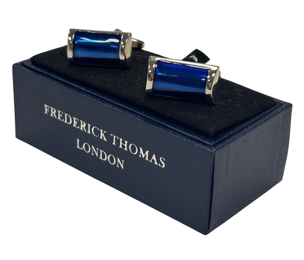 Silver Rectangular Cufflinks with Blue Stone