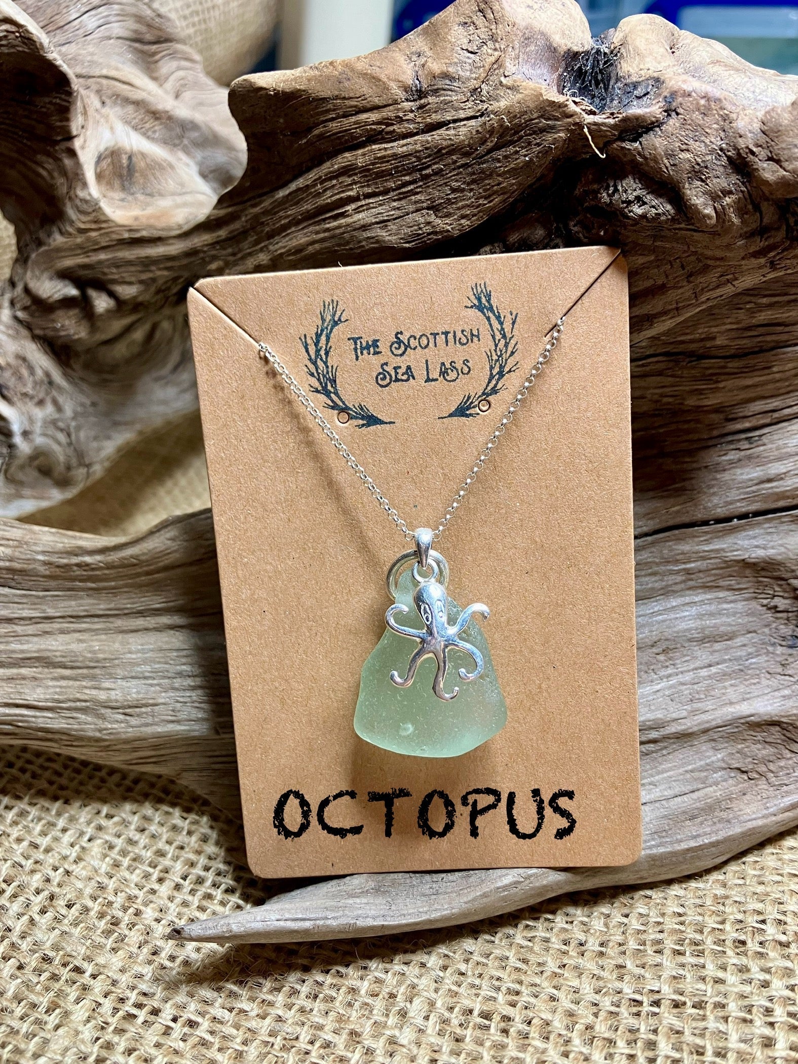 Octopus Aqua Scottish Seaglass Pendant in Sterling Silver