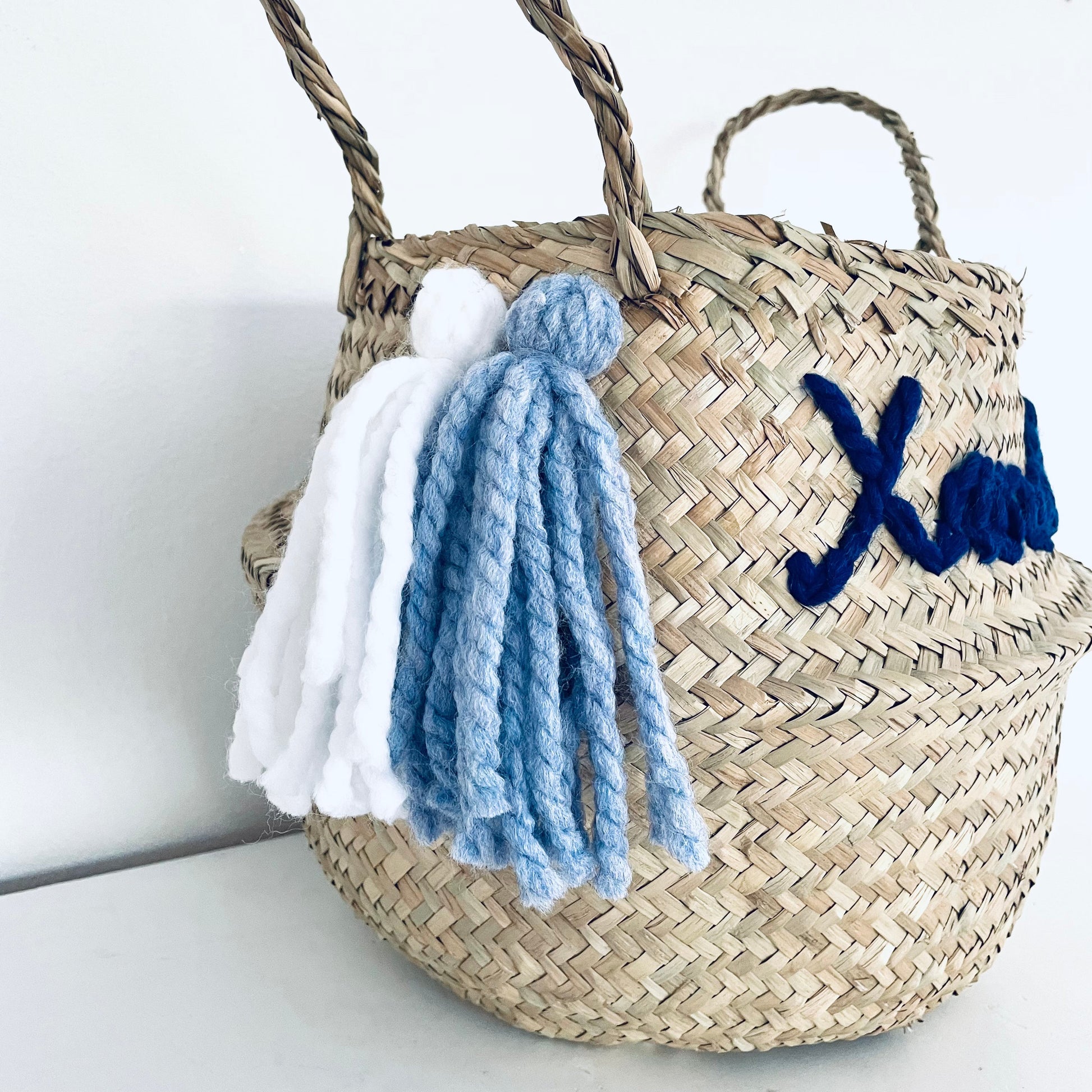 Navy Blue Personalised tassel name basket - Small