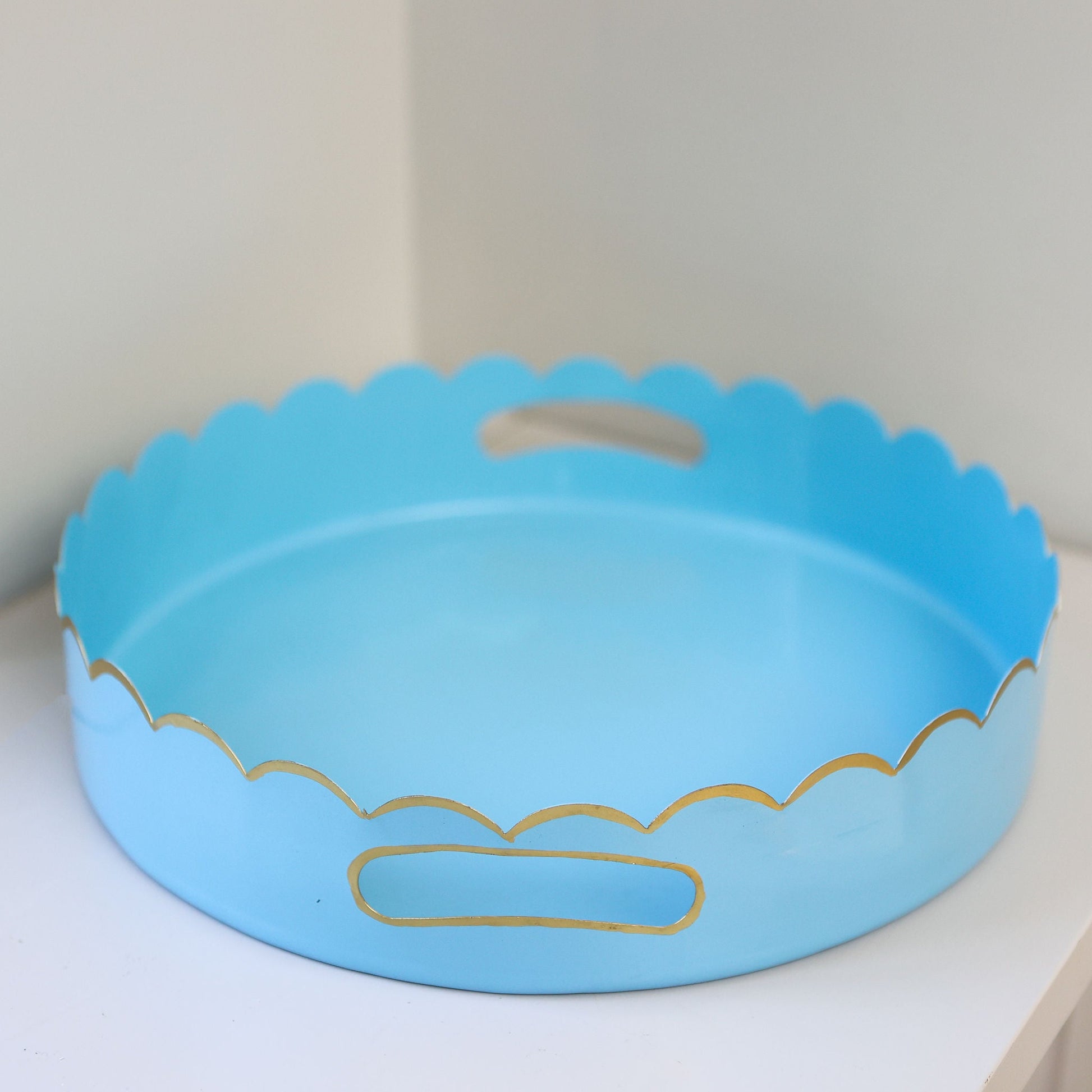 Blue Scalloped Metal Serving Tray with Gold Trim