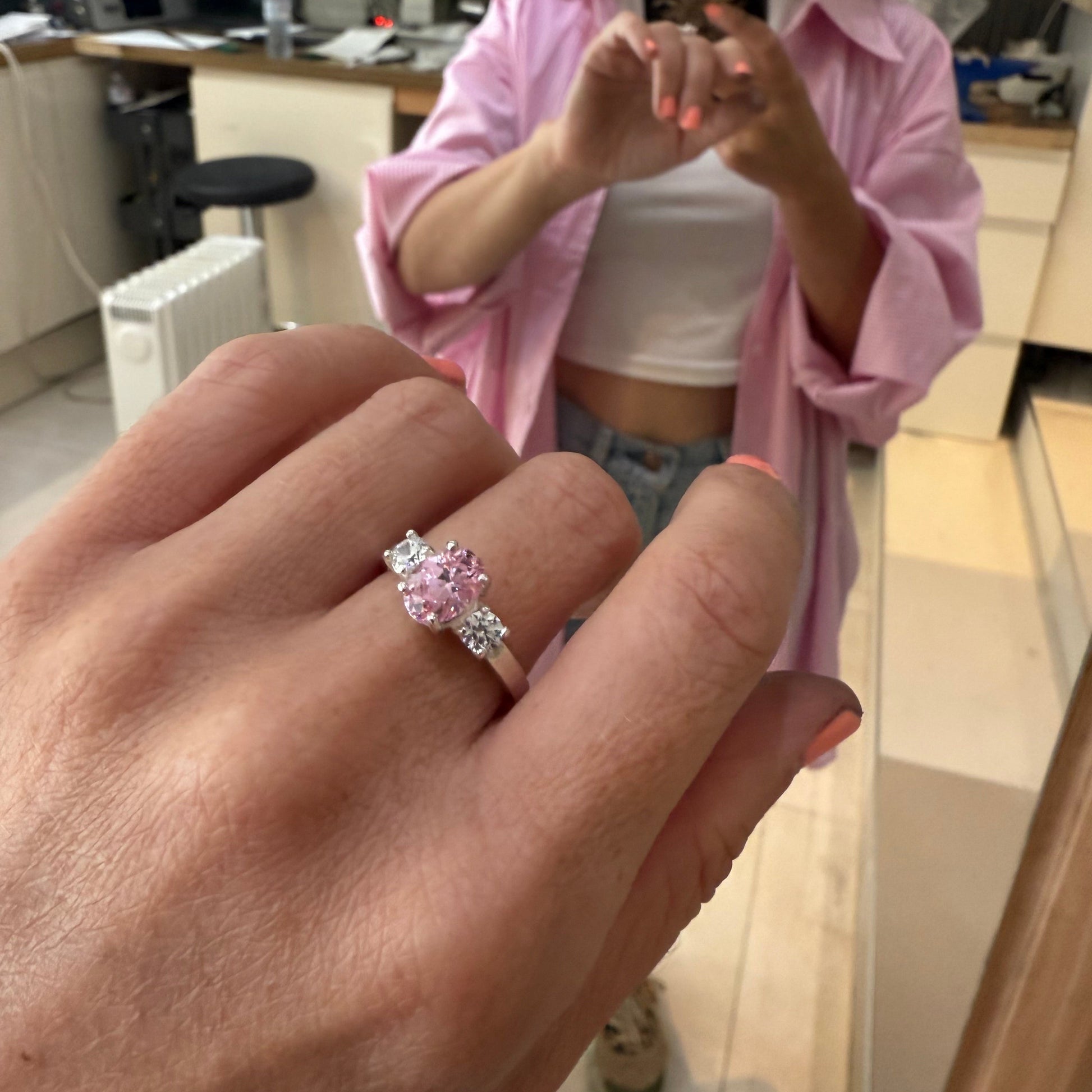 Silver Pink Topaz Trilogy Claw Ring