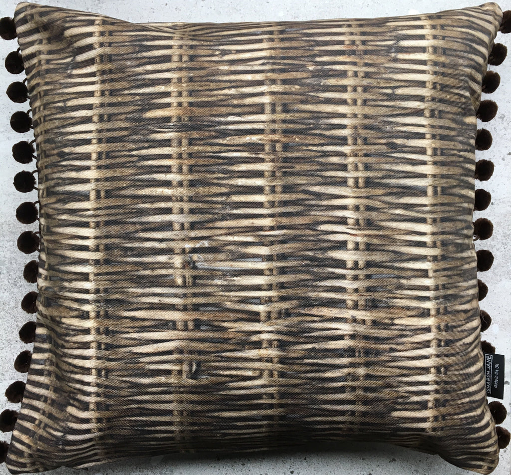 Willow Print Cushion with Velvet Pom Poms