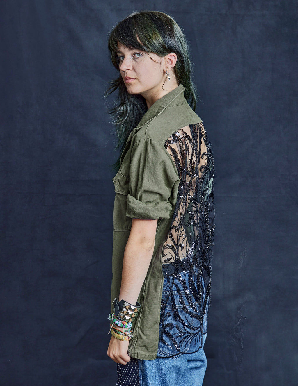 Party Back Shirt Black Sequin Khaki