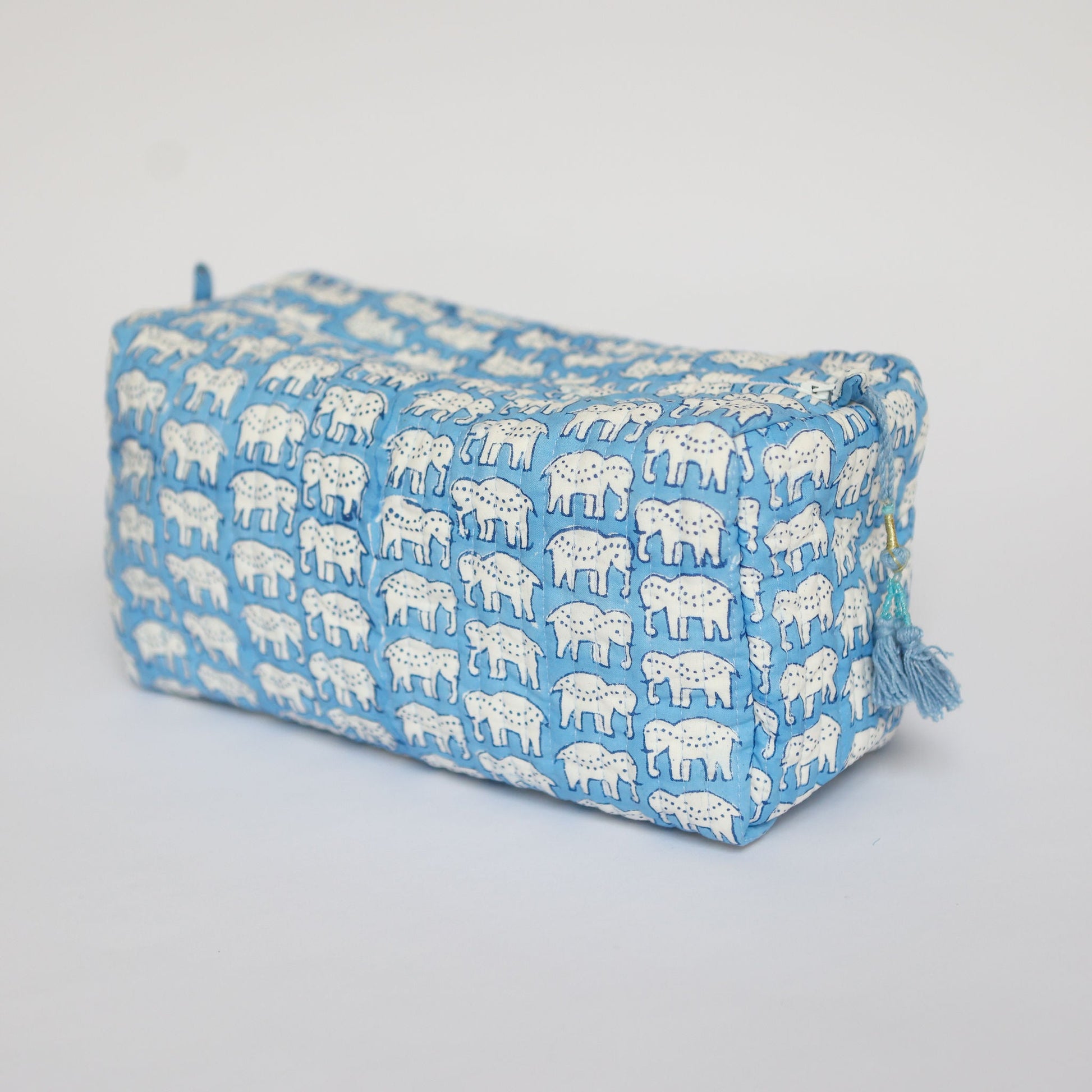 Blue Elephant Wash Bag in Hand Block Print Cotton