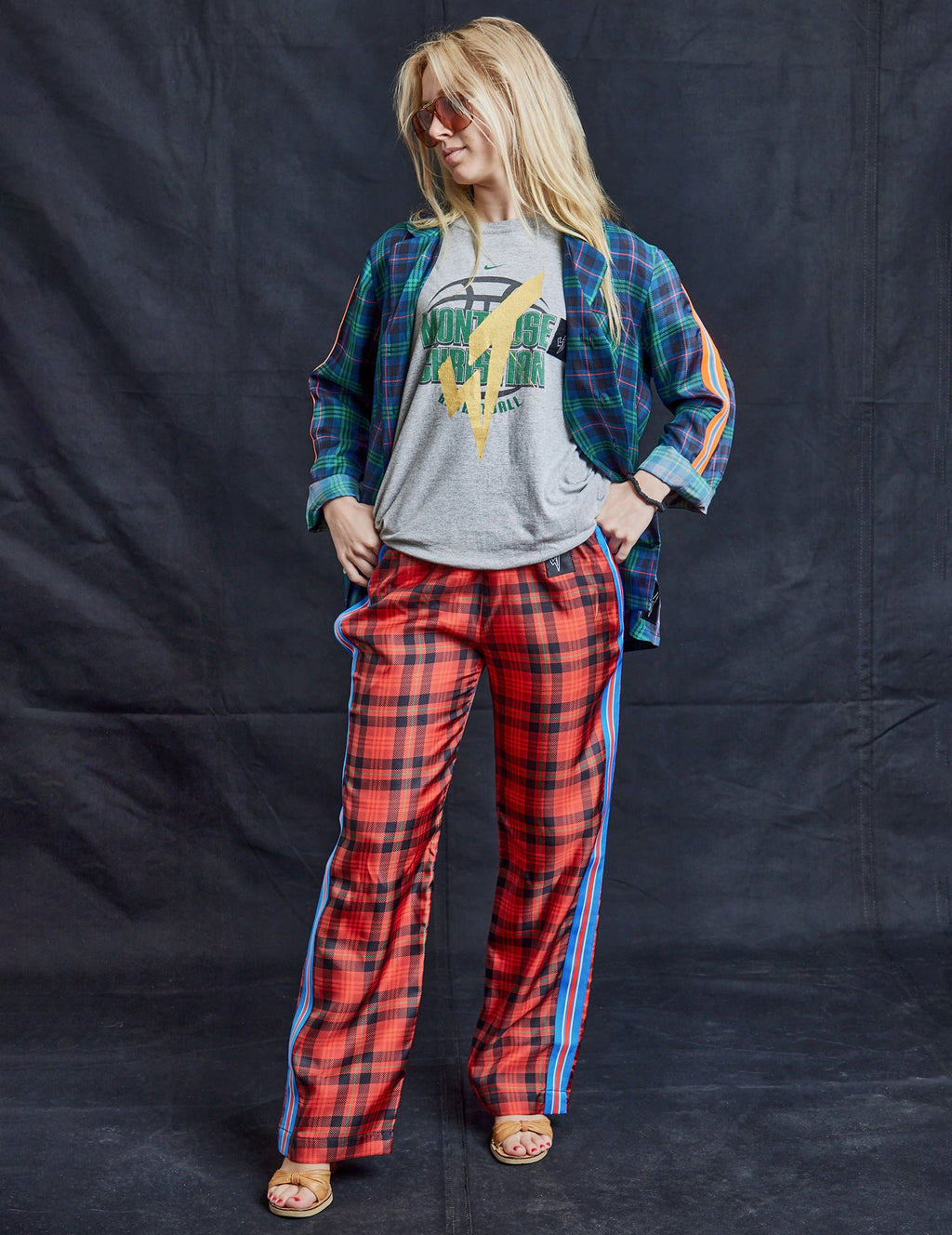 Red Silk Trousers with Neon Stripe