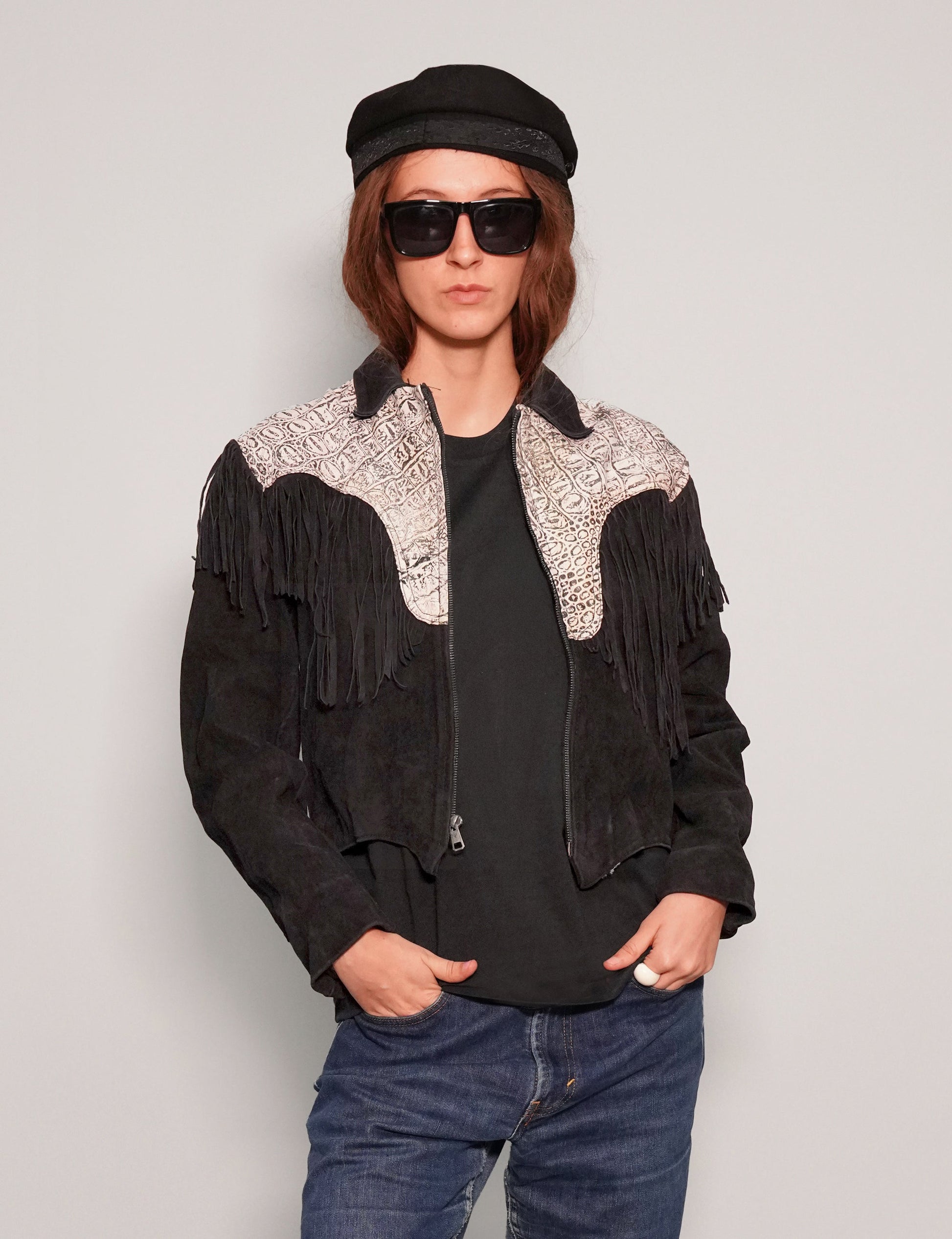 Two Tone Cowboy Leather Jacket with Alligator Panel