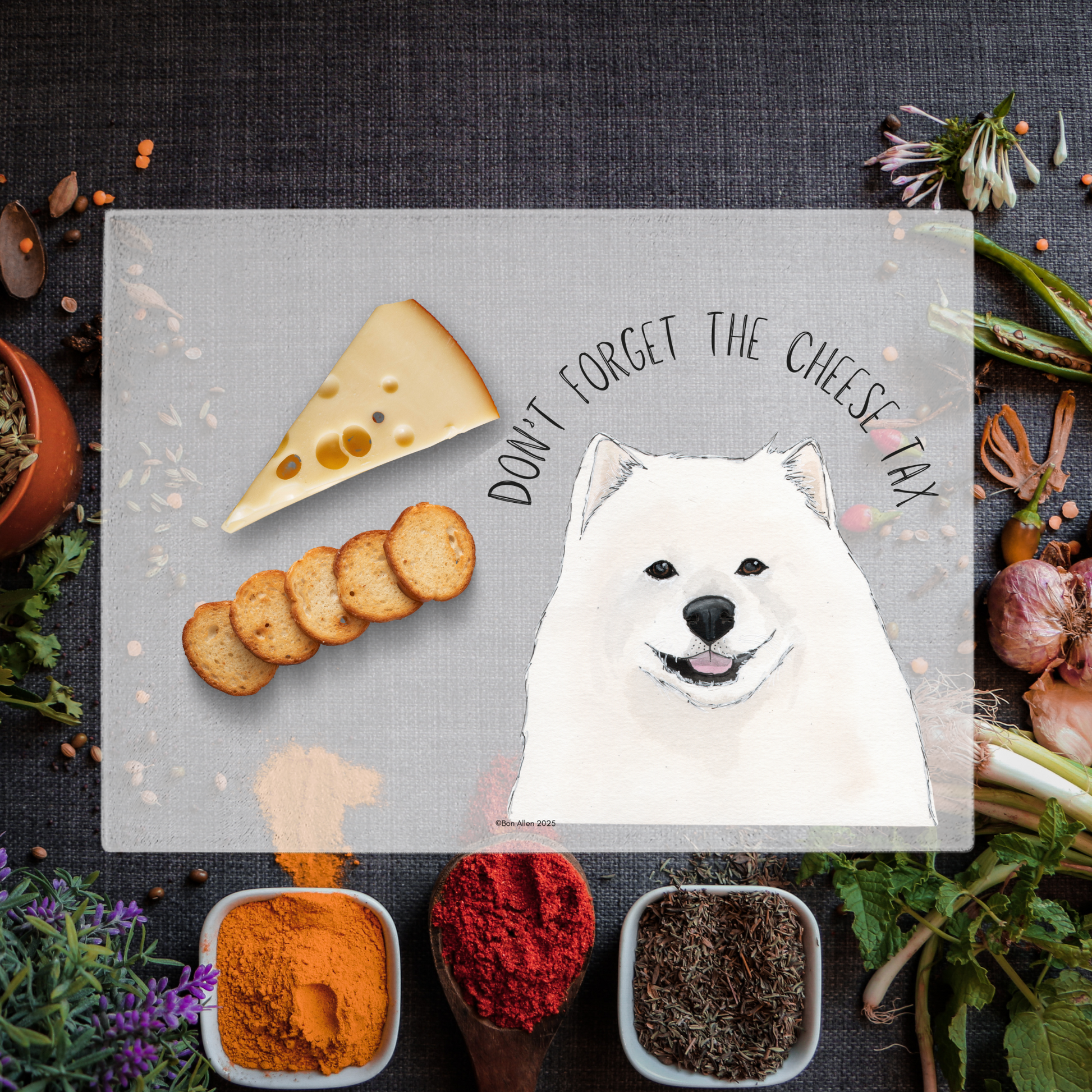Samoyed Cheese Tax Enforcer Glass Chopping Board