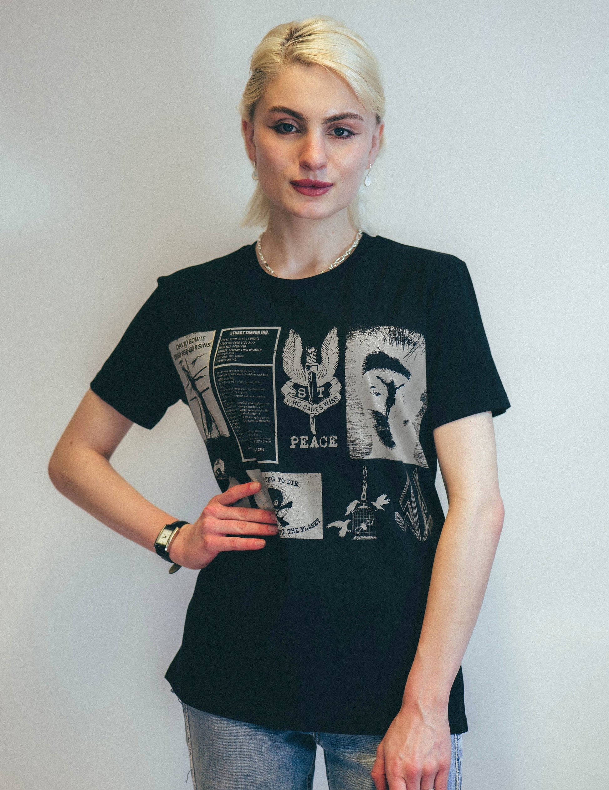 Black T-Shirt with Rock and Roll Printed Patches