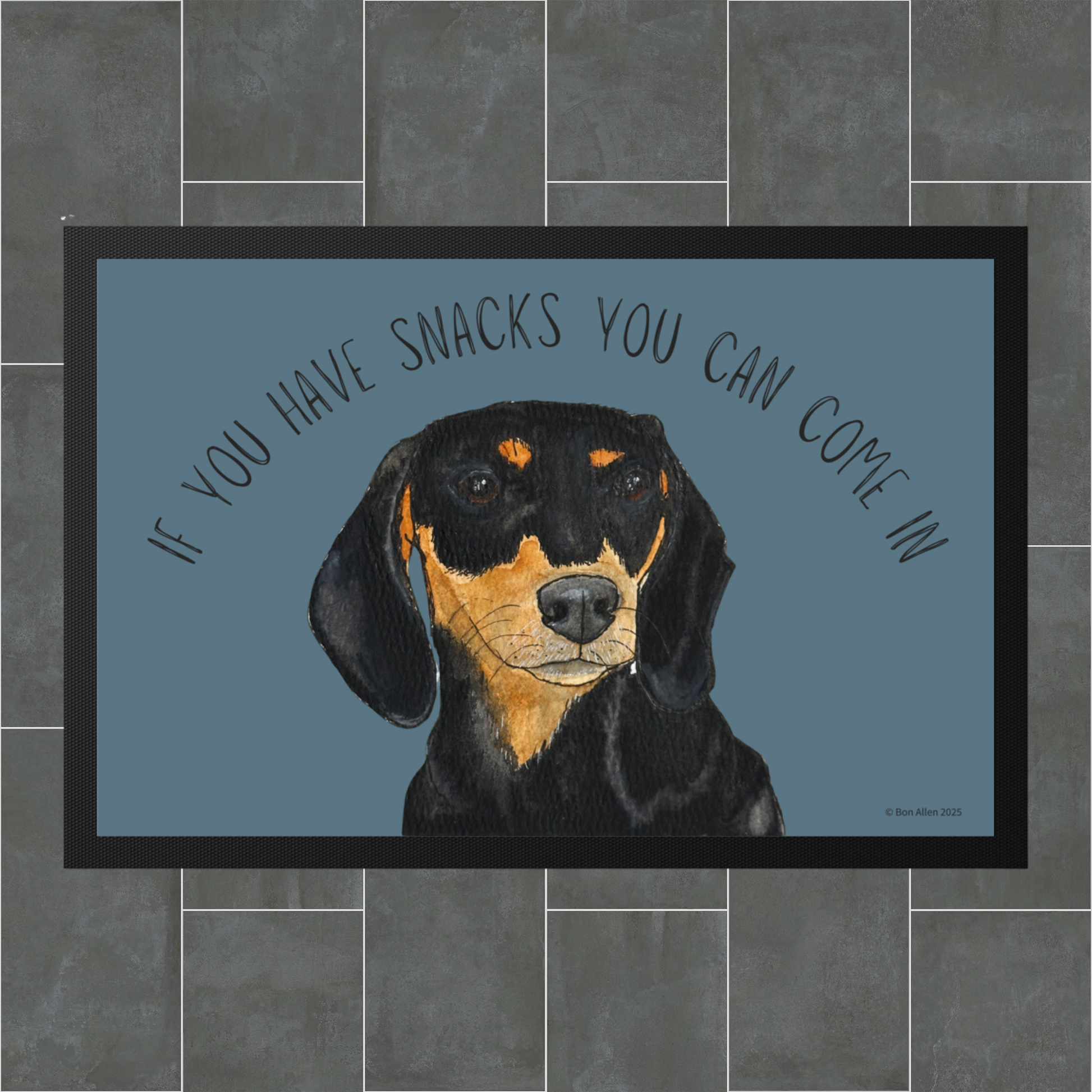 Black and Tan Dachshund Doormat with Snacks Slogan