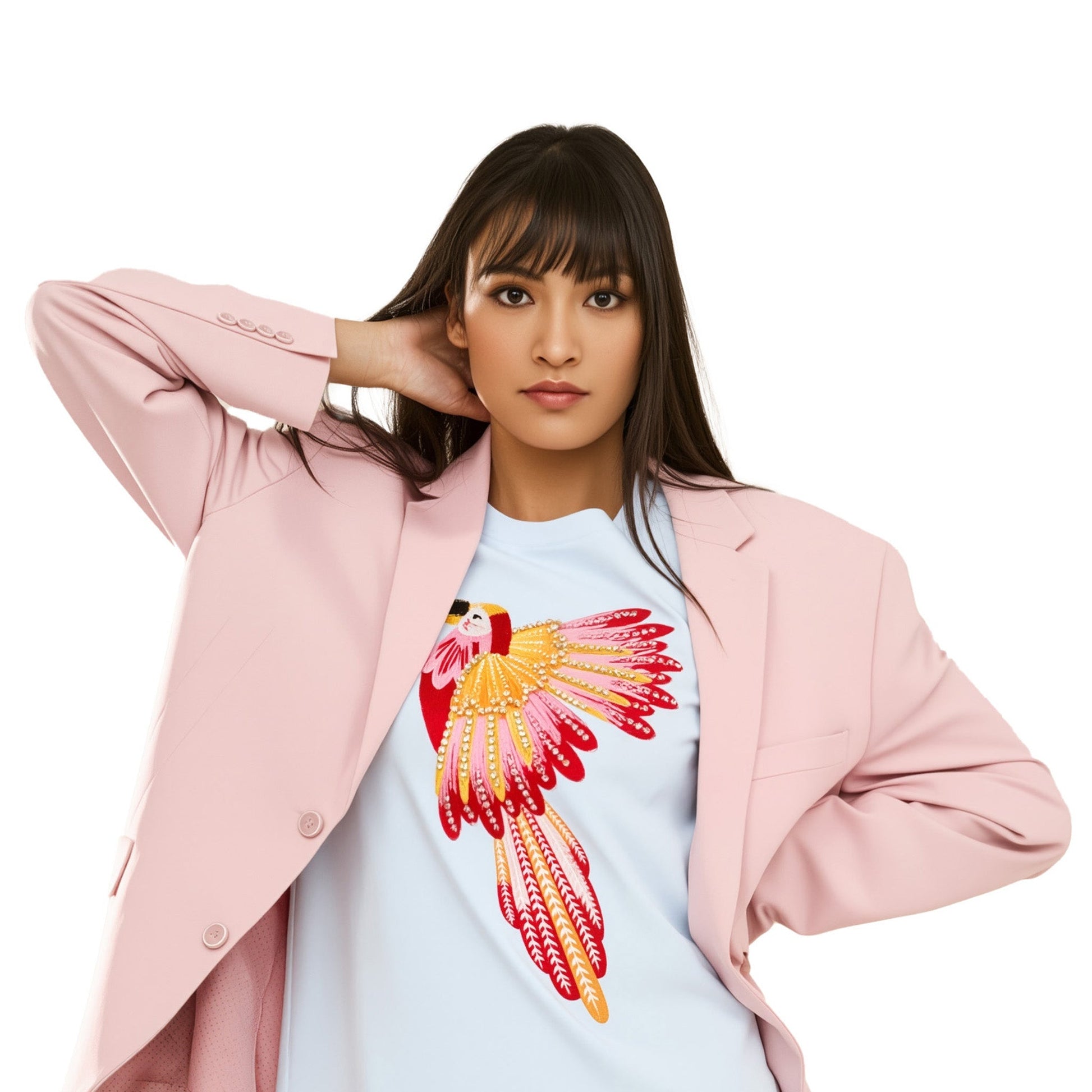 Cotton Embroidered Parrot T-Shirt with Beads and Thread