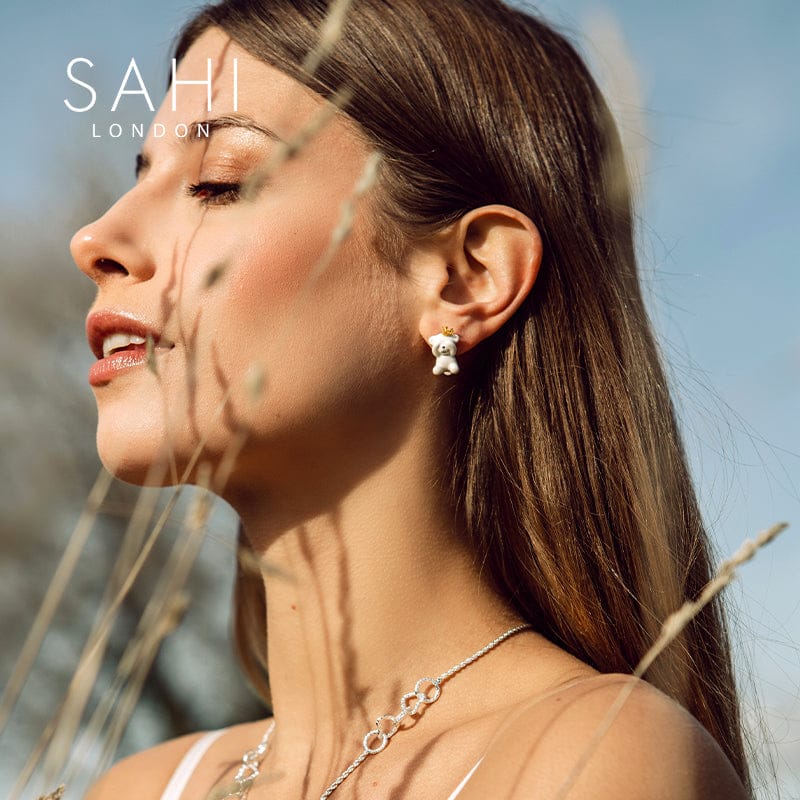 Gold Enameled Camellia Bear Stud Earrings