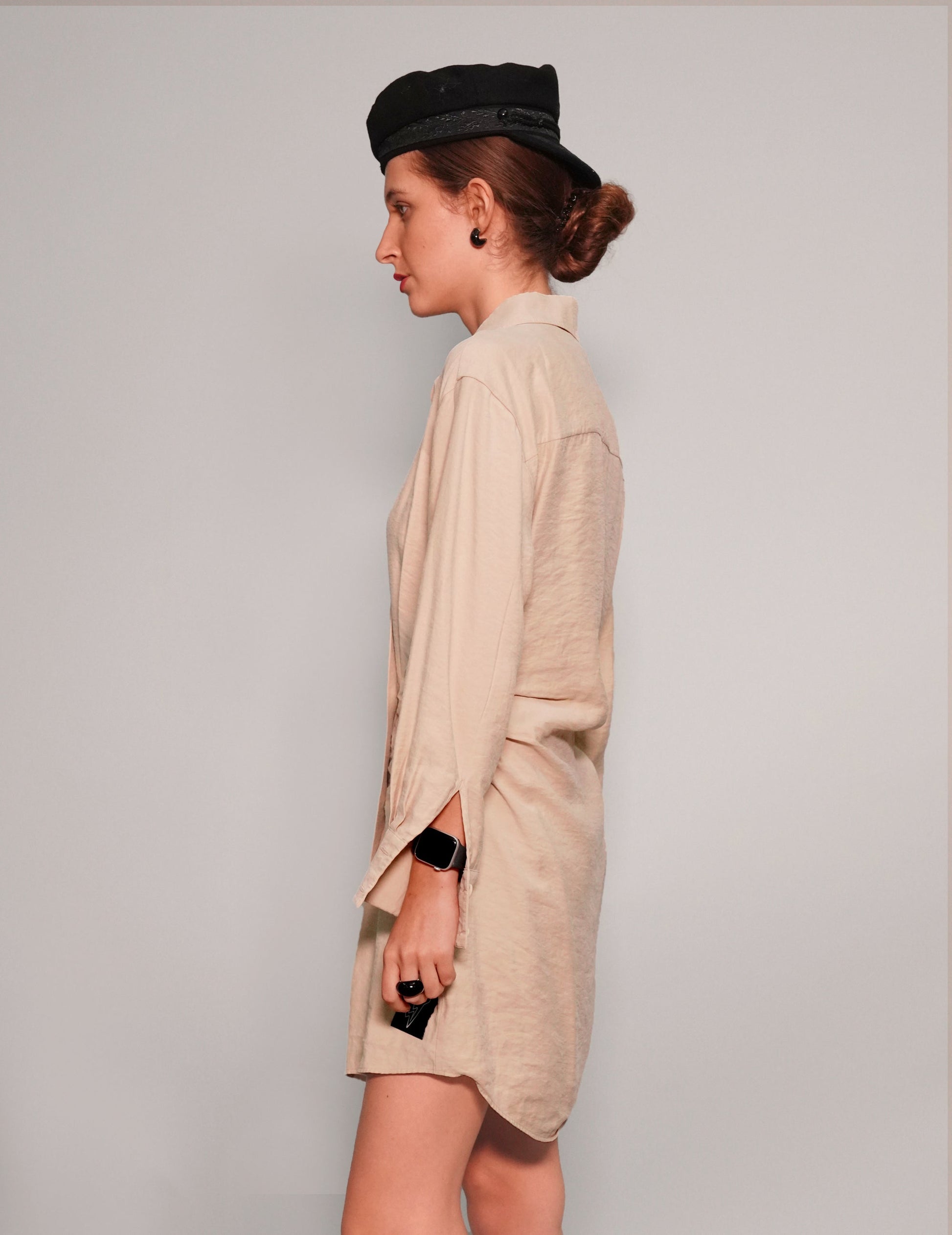 Draped Beige Modal Dress with Adjustable Waist