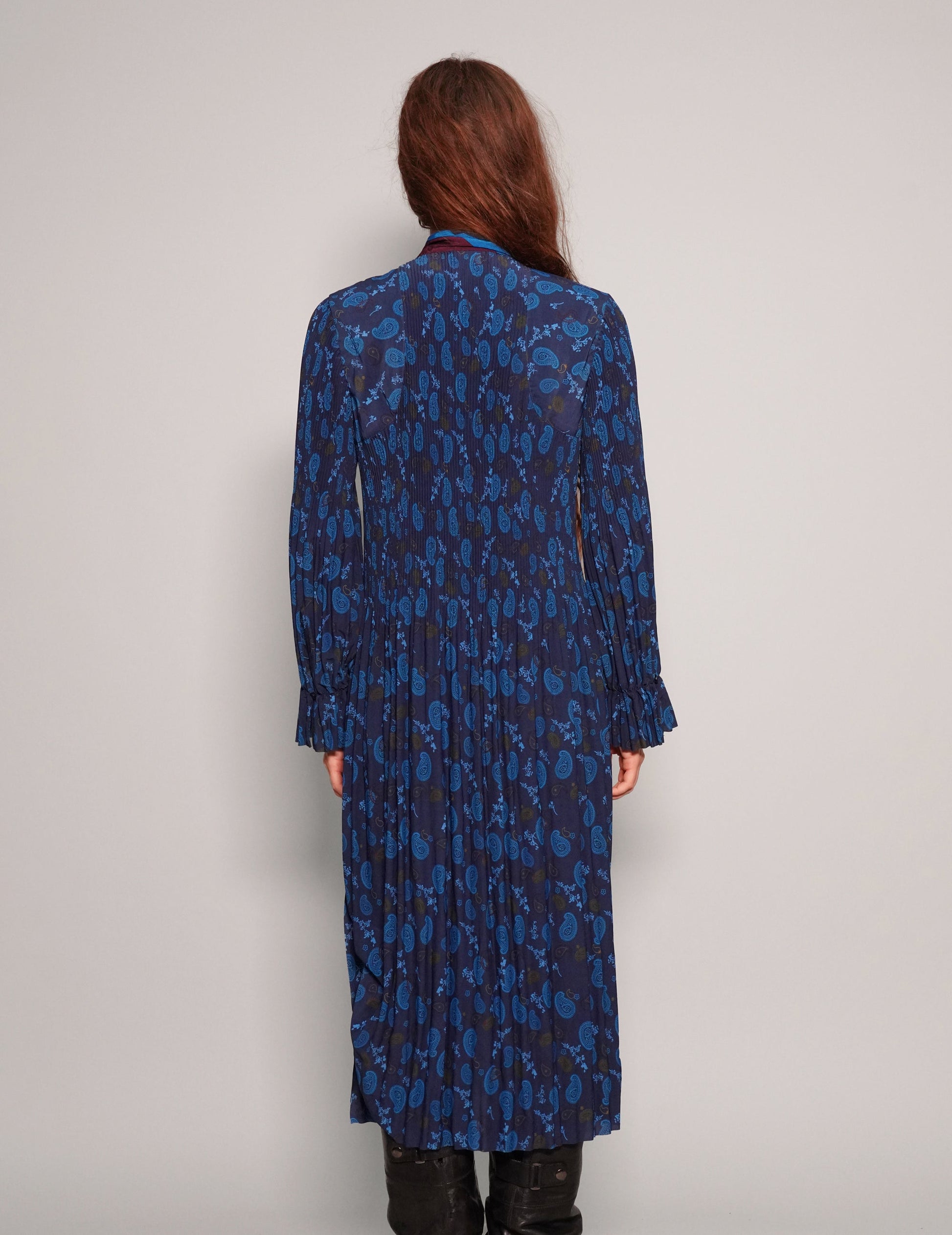 Blue Patterned Tie Neck Dress in Recycled Polyester