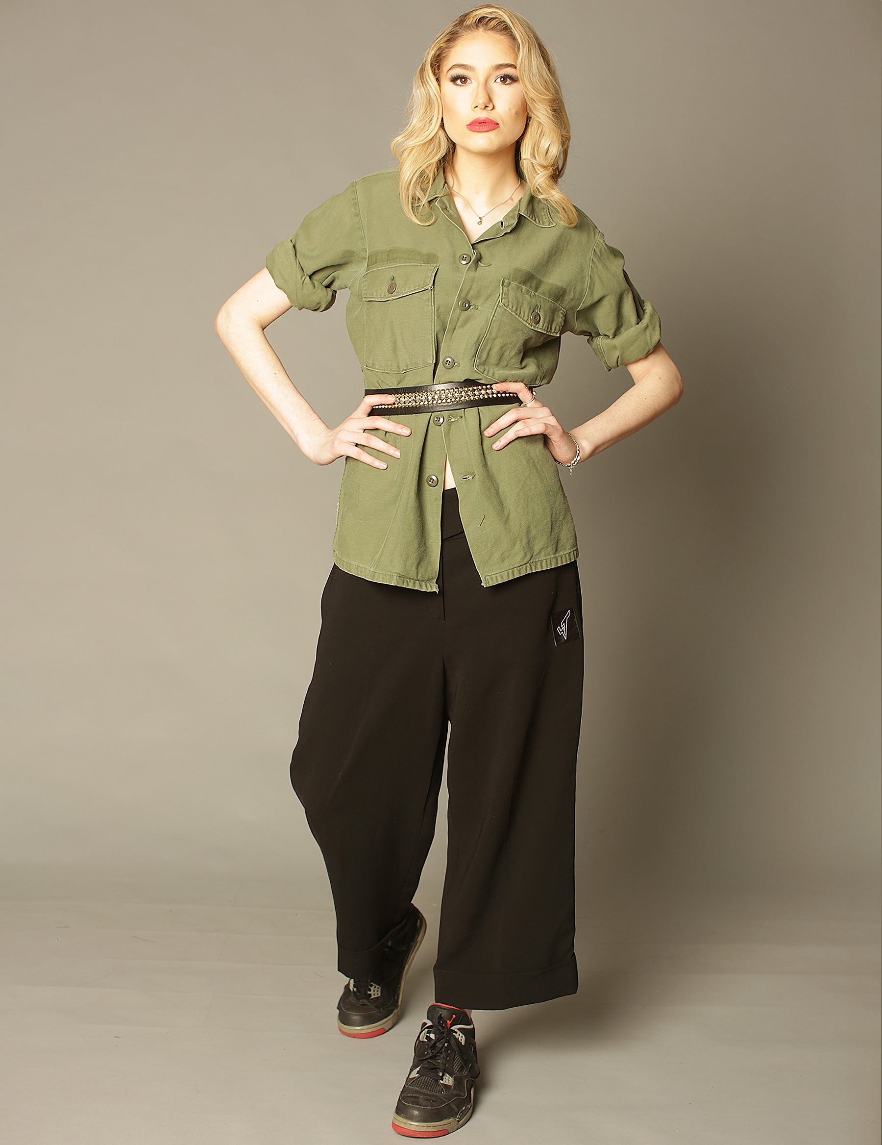 Party Back Shirt Gold Sequin Khaki