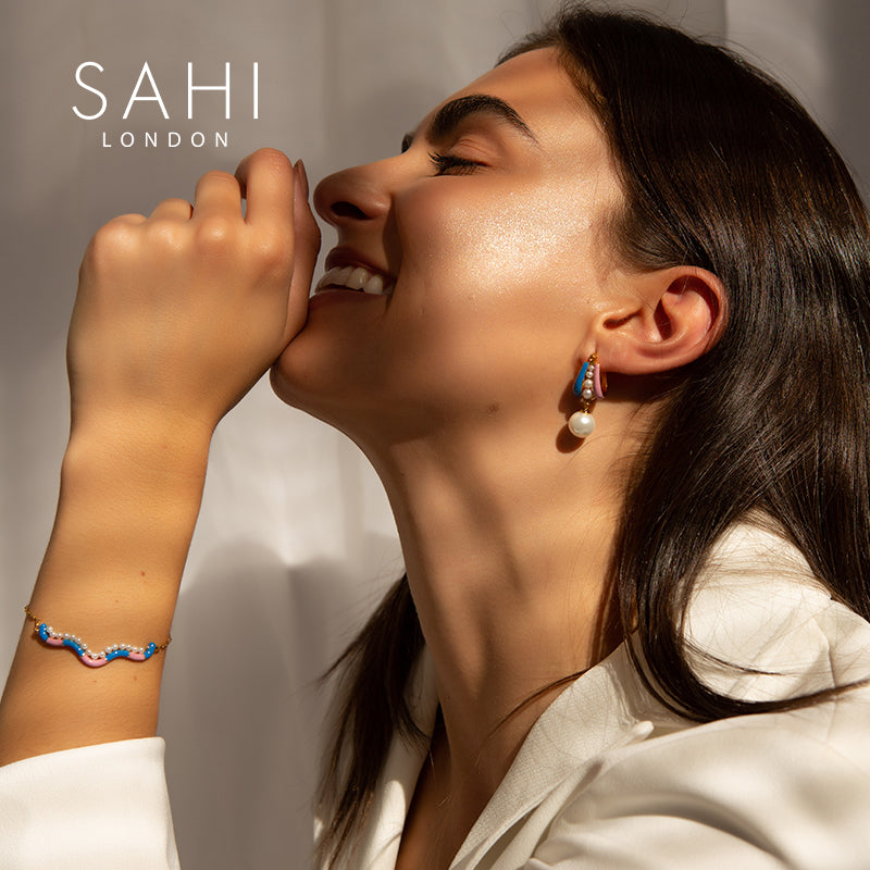 Fantasy Pearl Drop Earrings in Blue, Pink and Gold