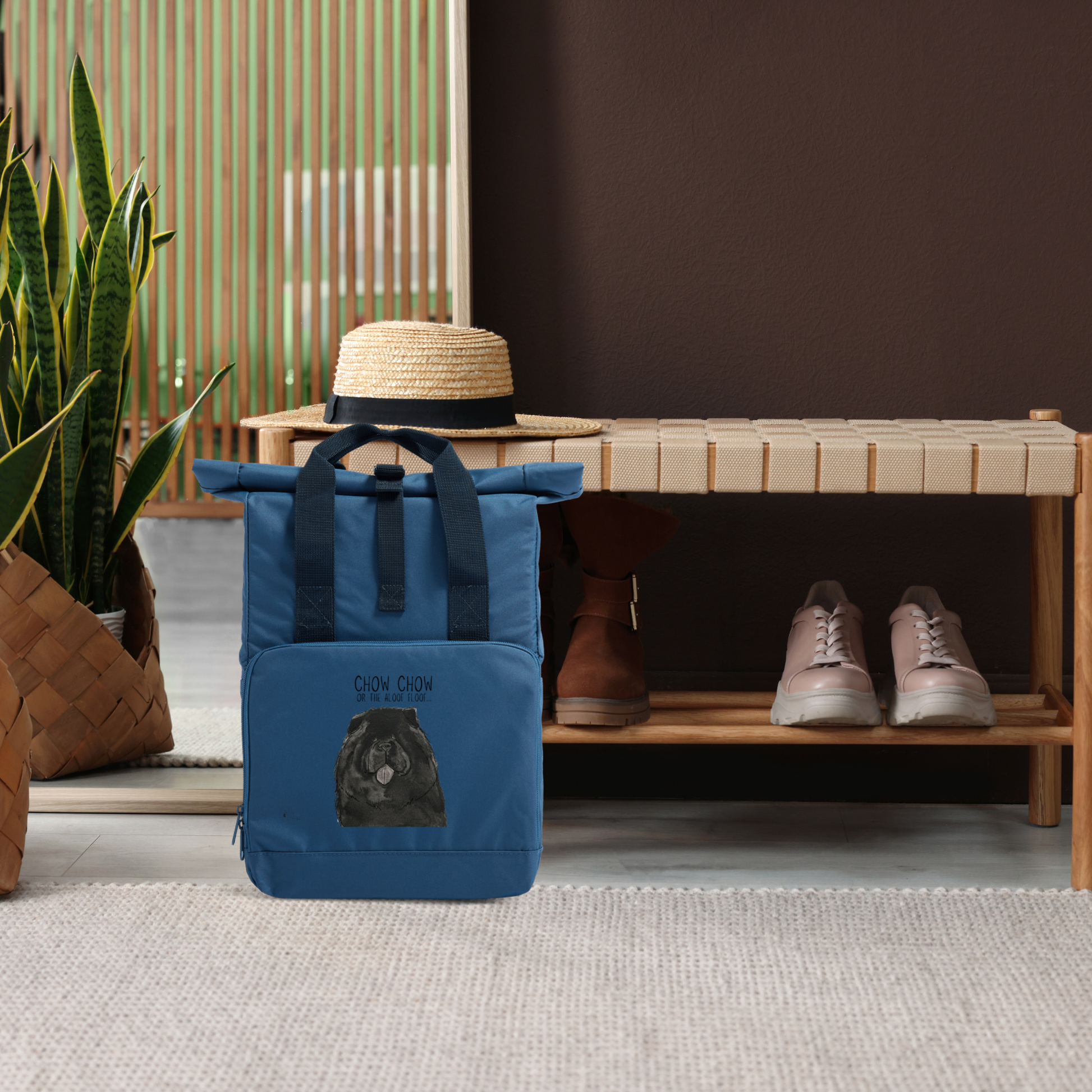 Black Chow Chow Aloof Floof Roll Top Backpack