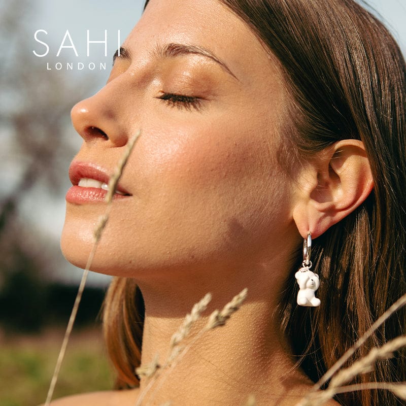 Gold Enameled Camellia Bear Drop Earrings