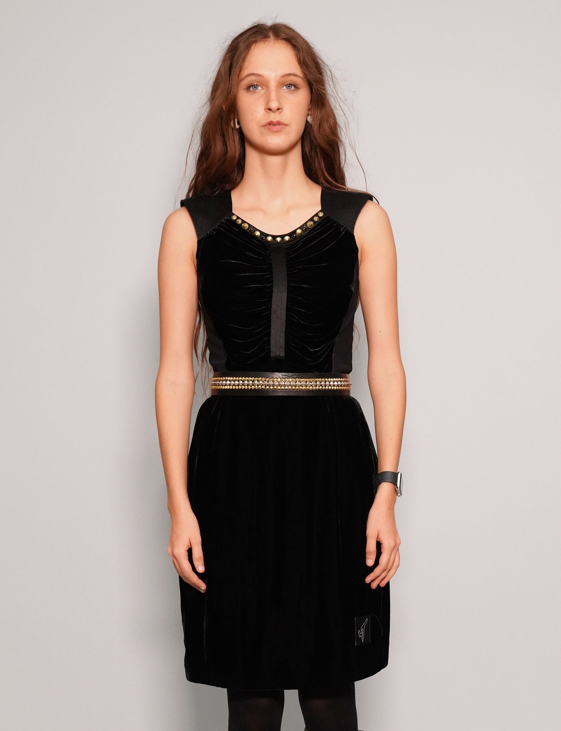 Black Velvet Dress with Studded Neckline