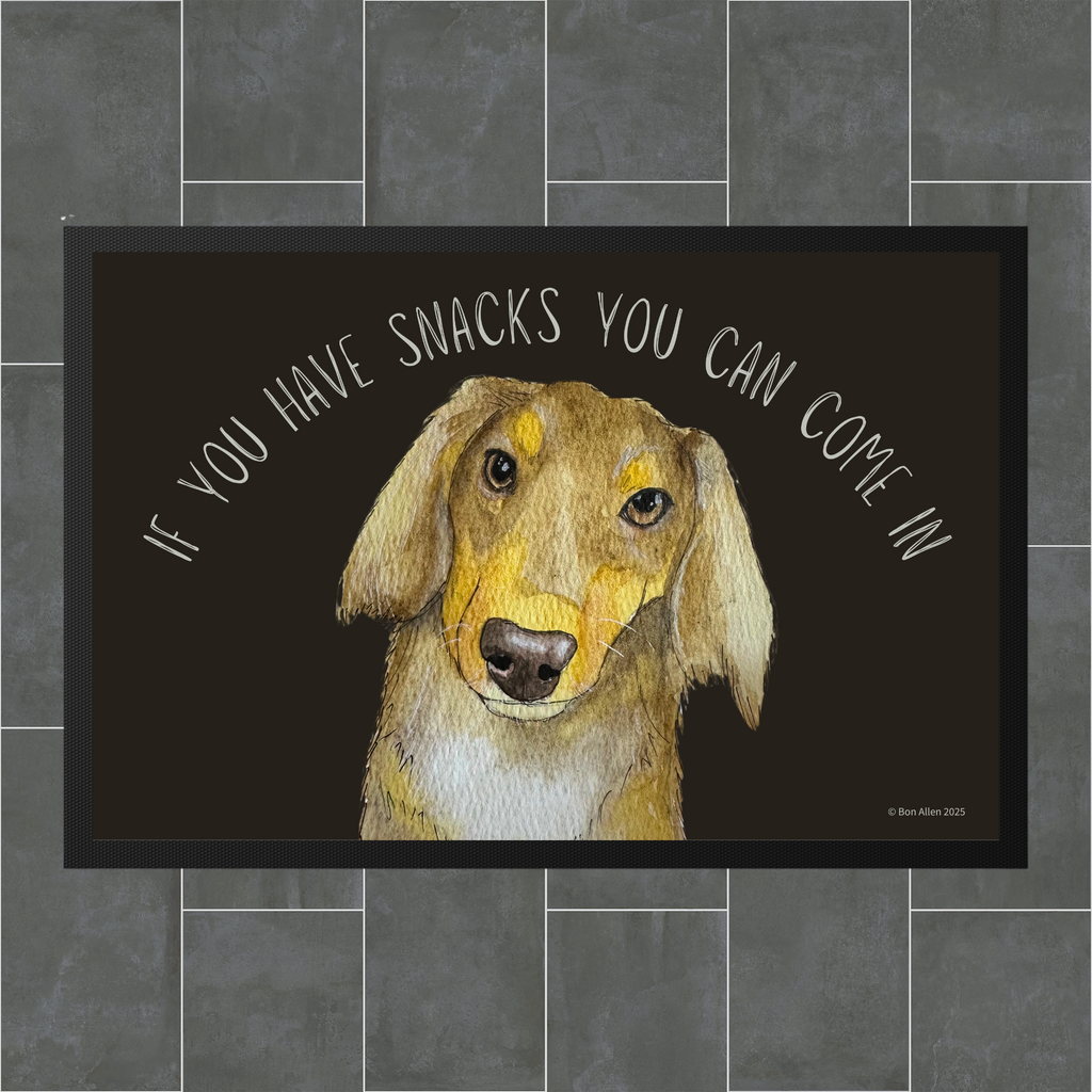 Long Haired Dachshund Doormat with Snacks Slogan