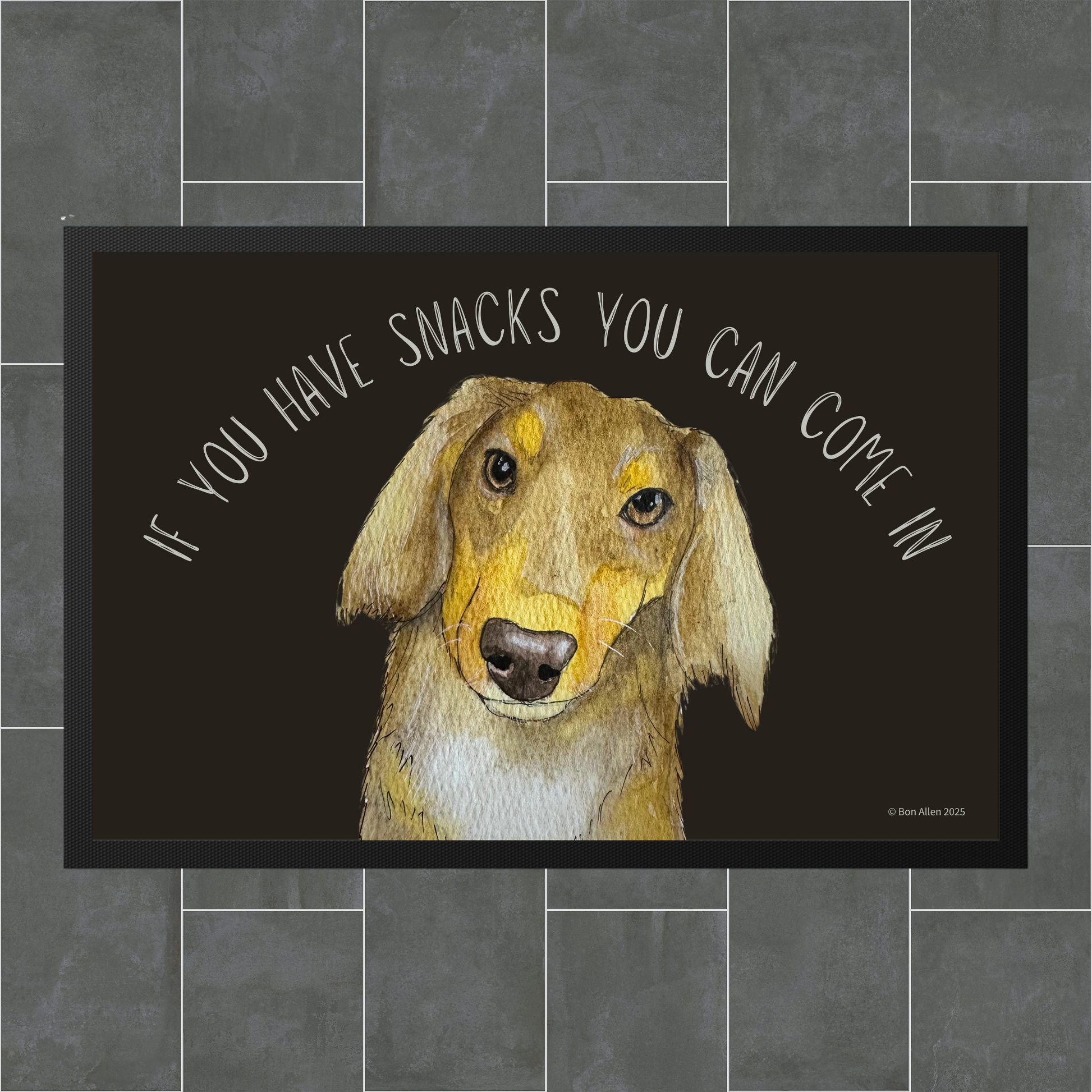 Long Haired Dachshund Doormat with Snacks Slogan