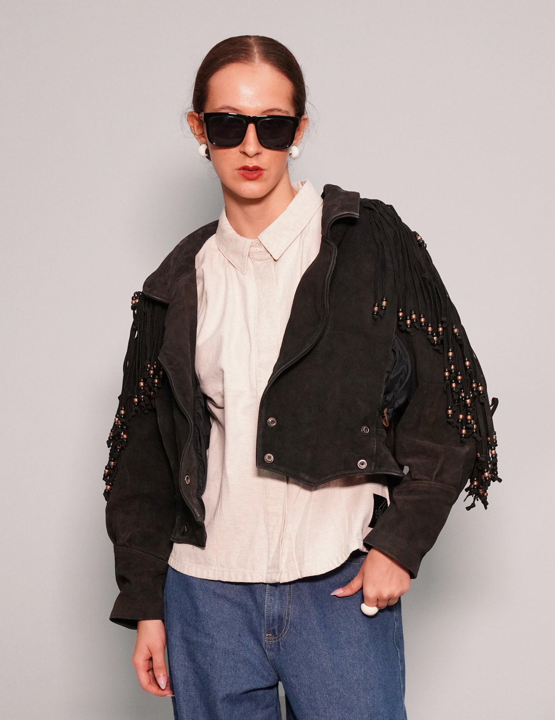 Black Beaded Cowgirl Leather Jacket