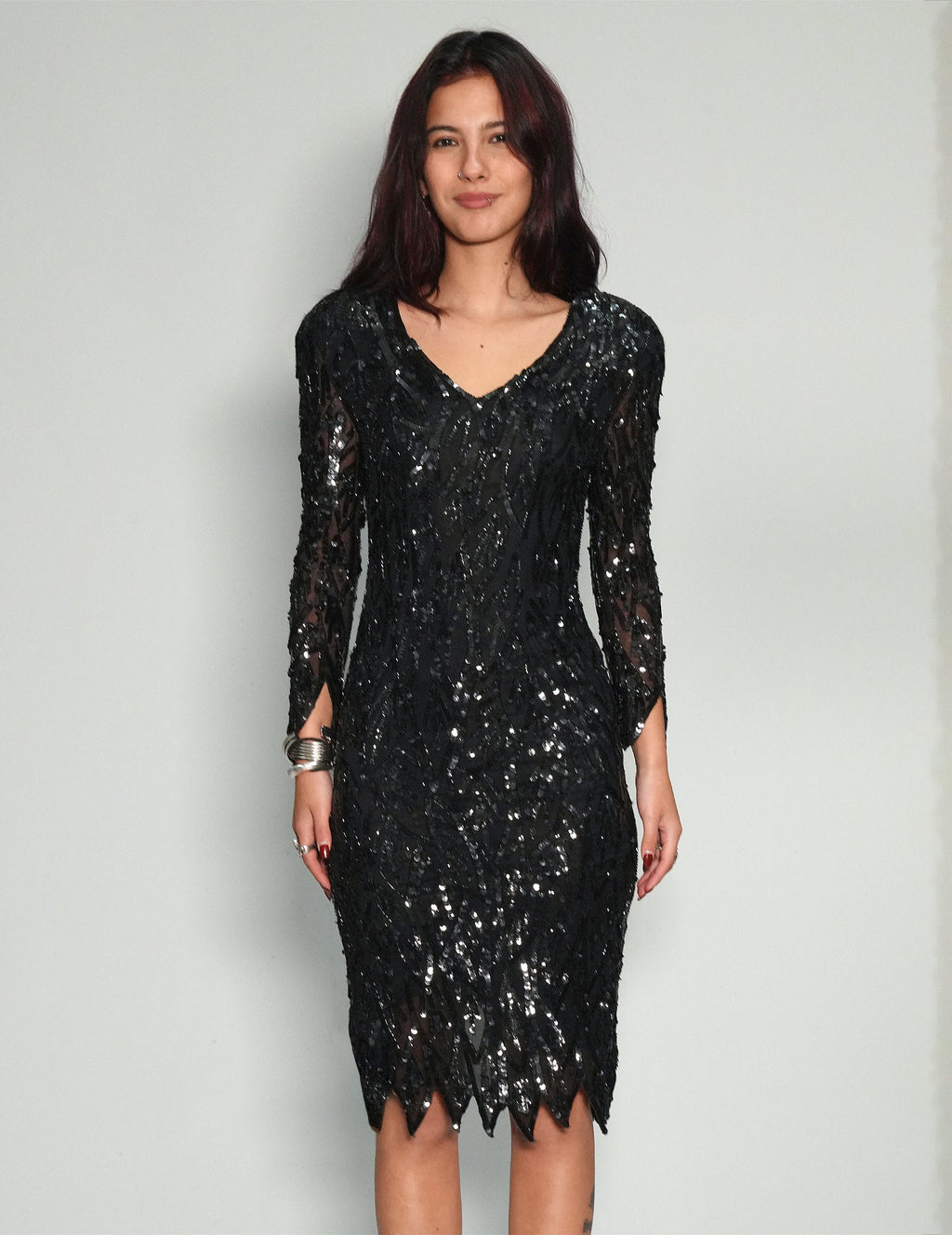 Black Hand Beaded Sequin Evening Dress