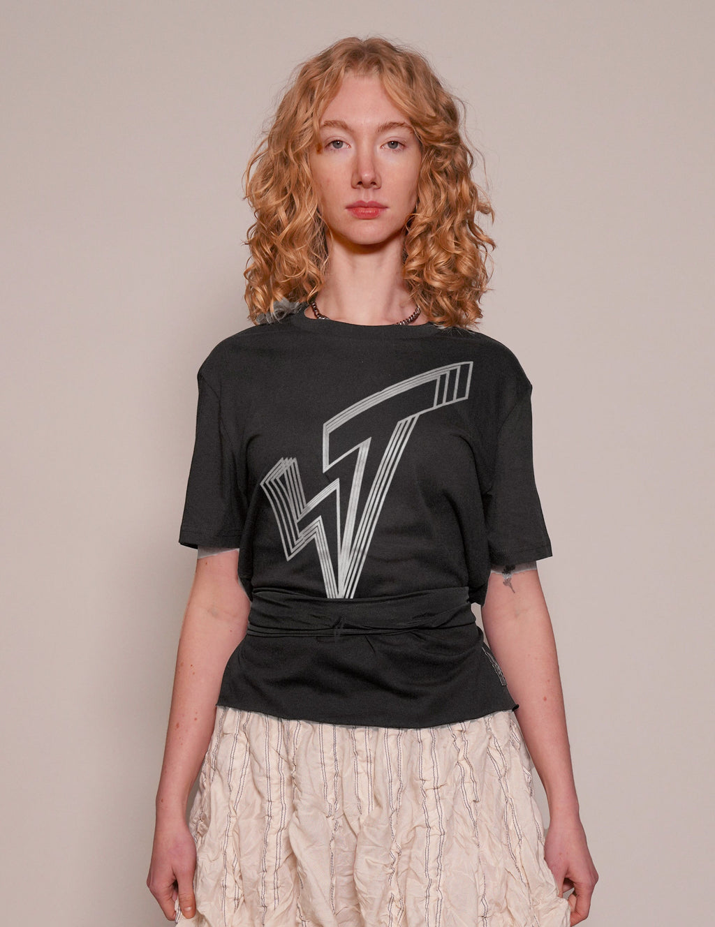 Black Cropped Tee with Silver Logo and Silk Tie Detail