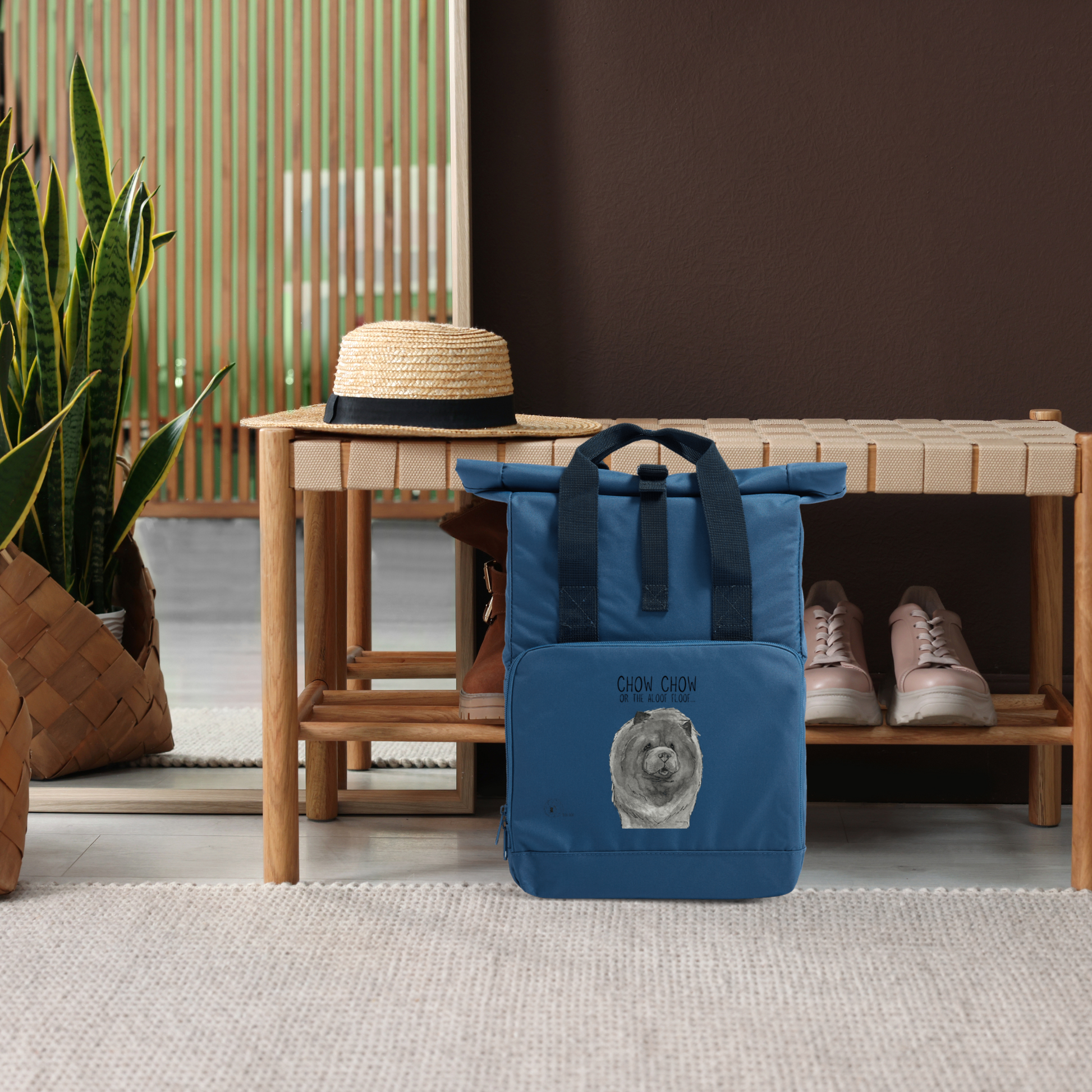 Blue Chow Chow Aloof Floof Roll Top Backpack