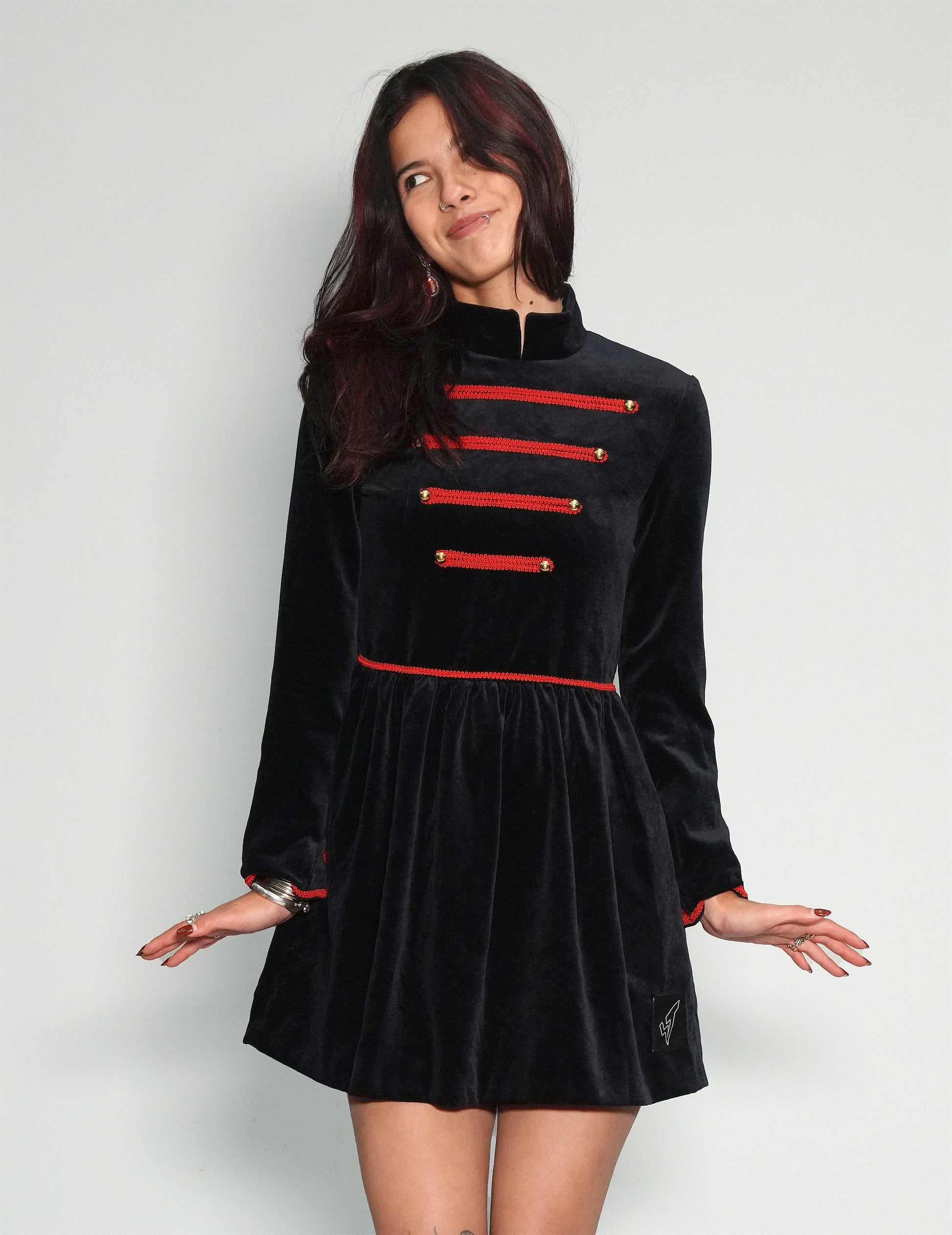 Vintage Military Velvet Dress with Lace Detail