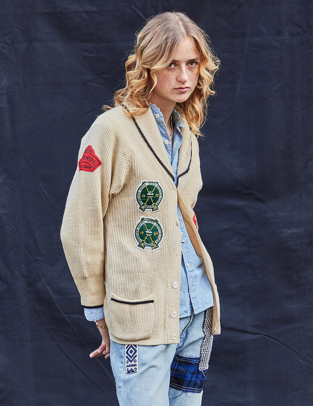 Vintage Beige Wool Cardigan with Embroidered Patches 1970s