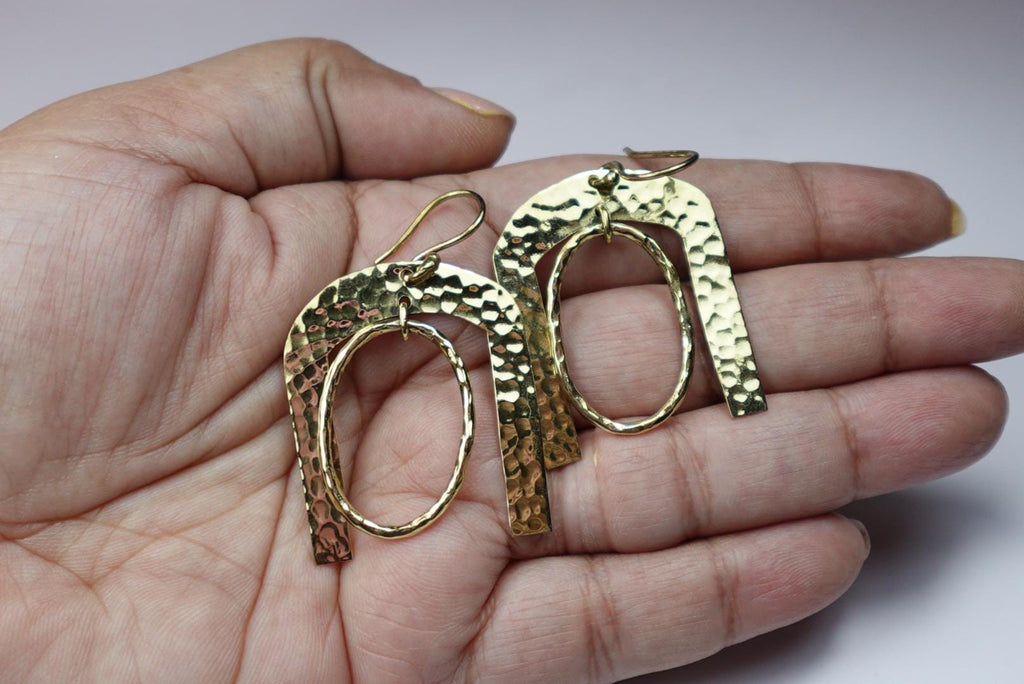 Hammered Horseshoe Brass Earrings Statement Gold Tone