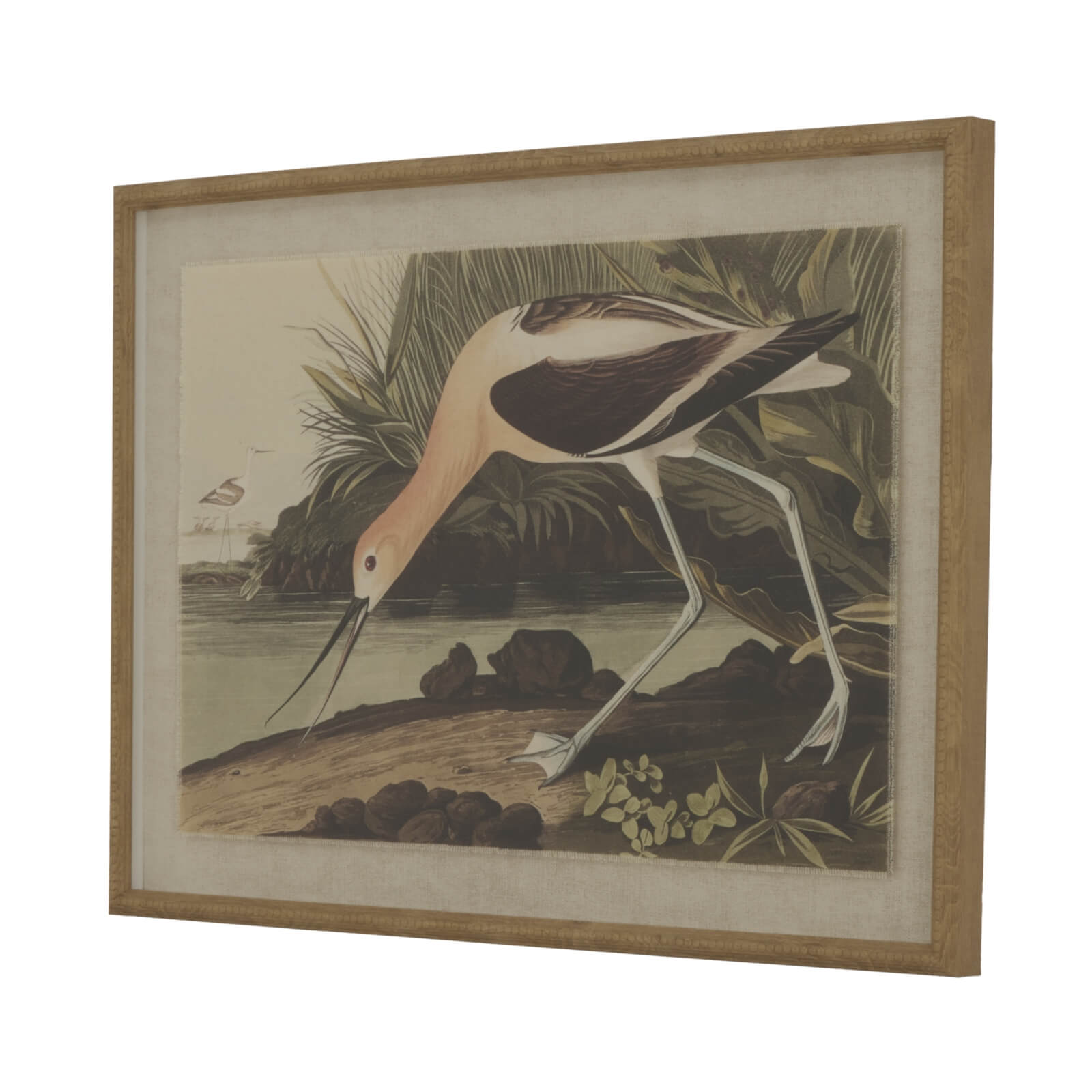 Hand-painted avocet artwork on linen with beaded frame, earthy brown tones, 45x62cm, nature-inspired home decor by sostter at brixbailey.com